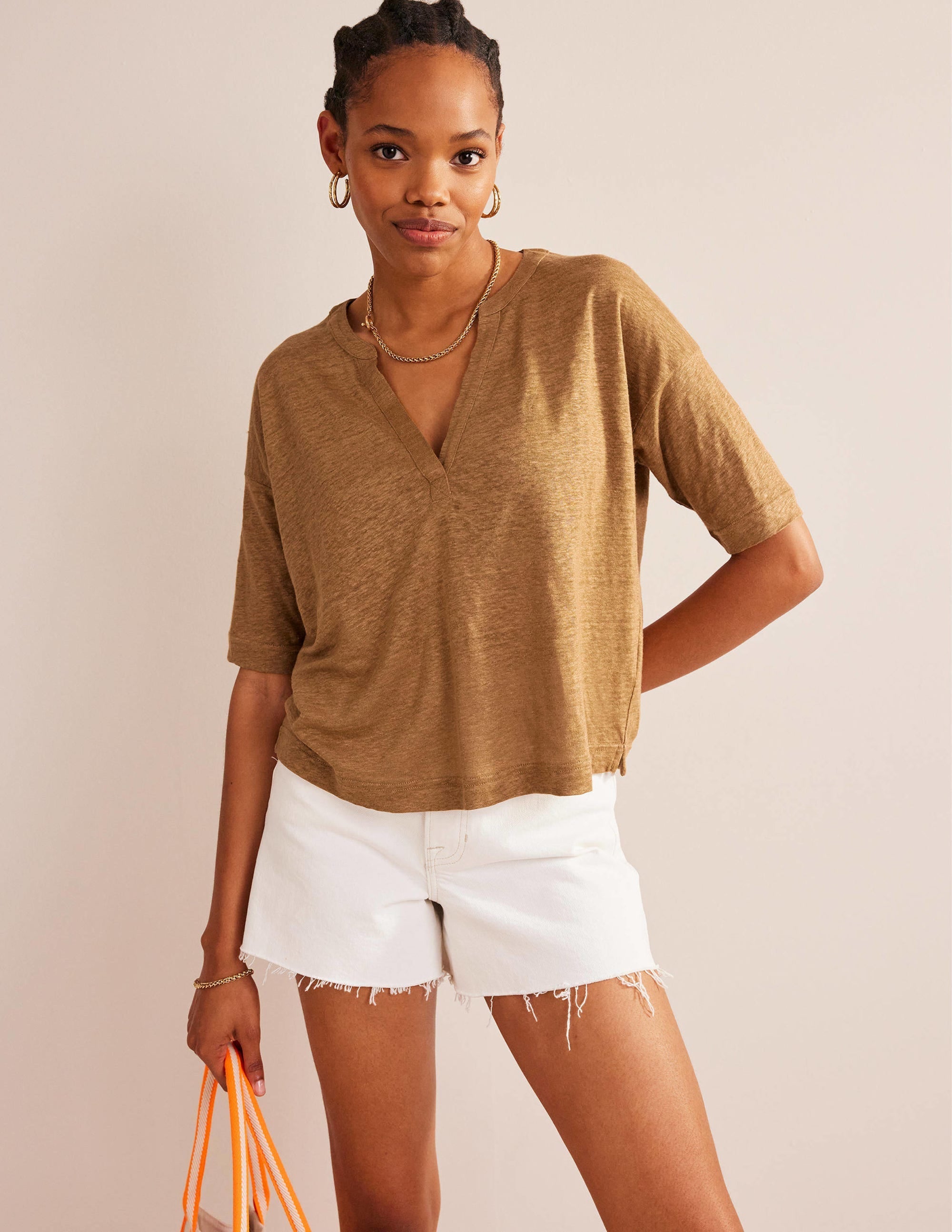 Notch Neck Linen Henley Top-Camel - Image 4