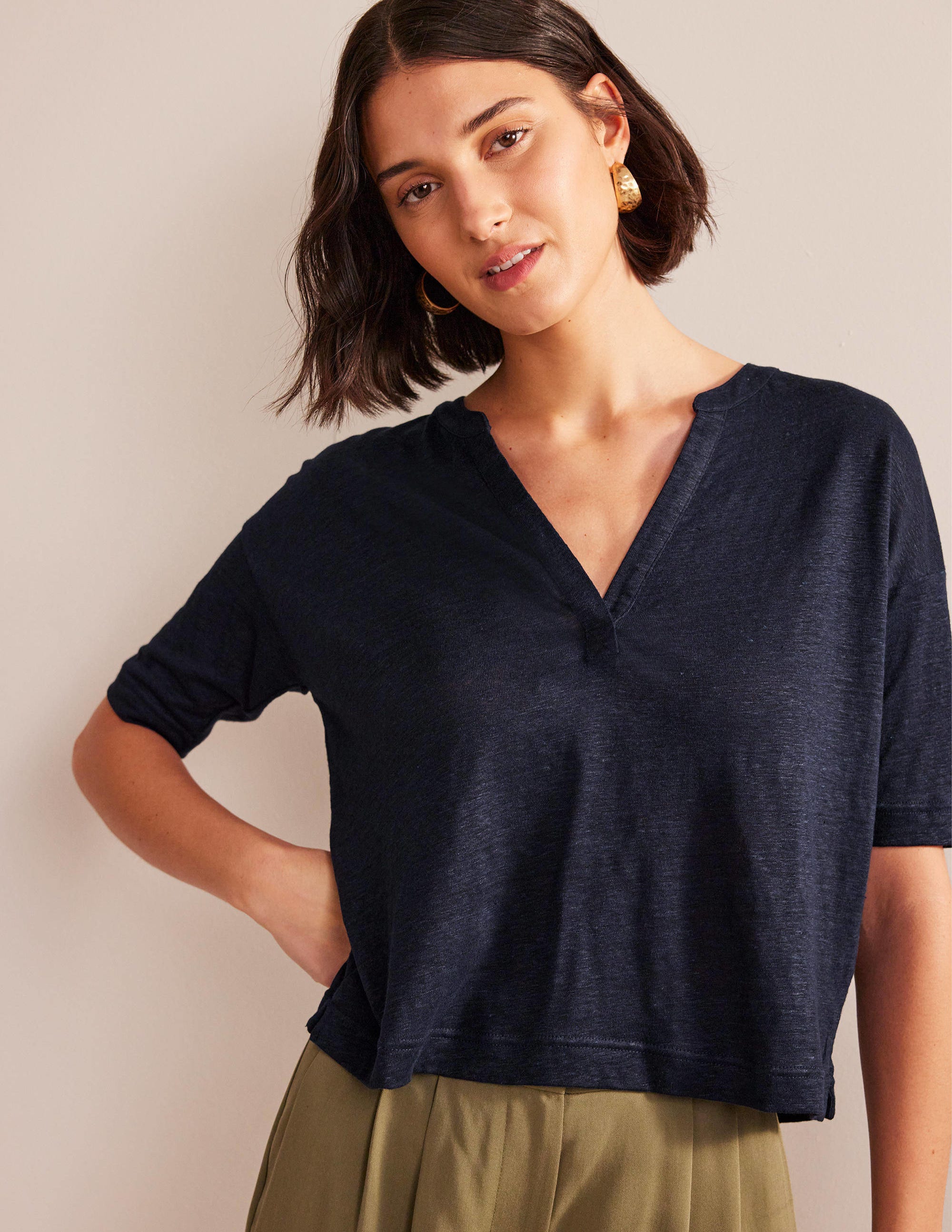 Notch Neck Linen Henley Top-Navy - Image 1