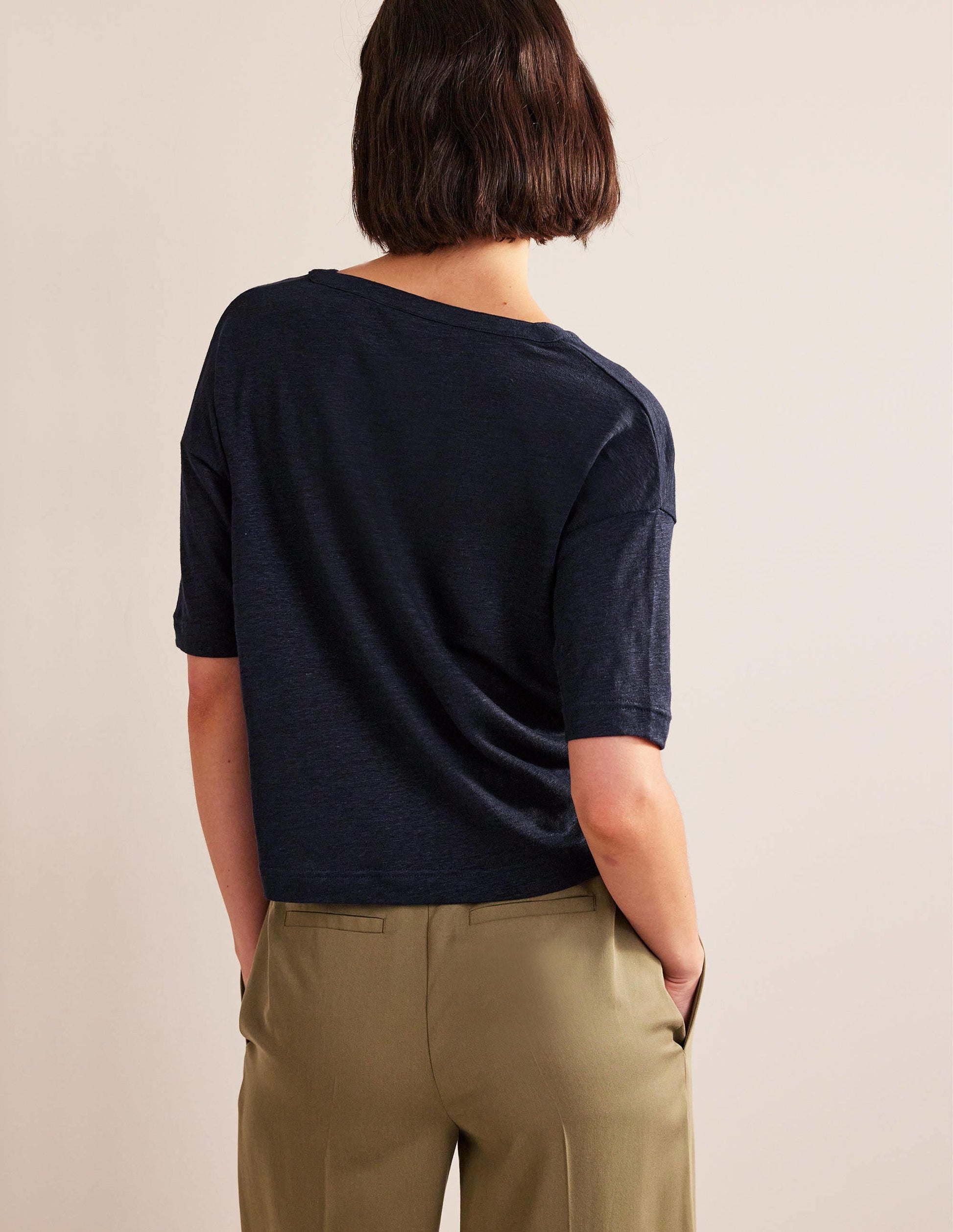 Notch Neck Linen Henley Top-Navy-3