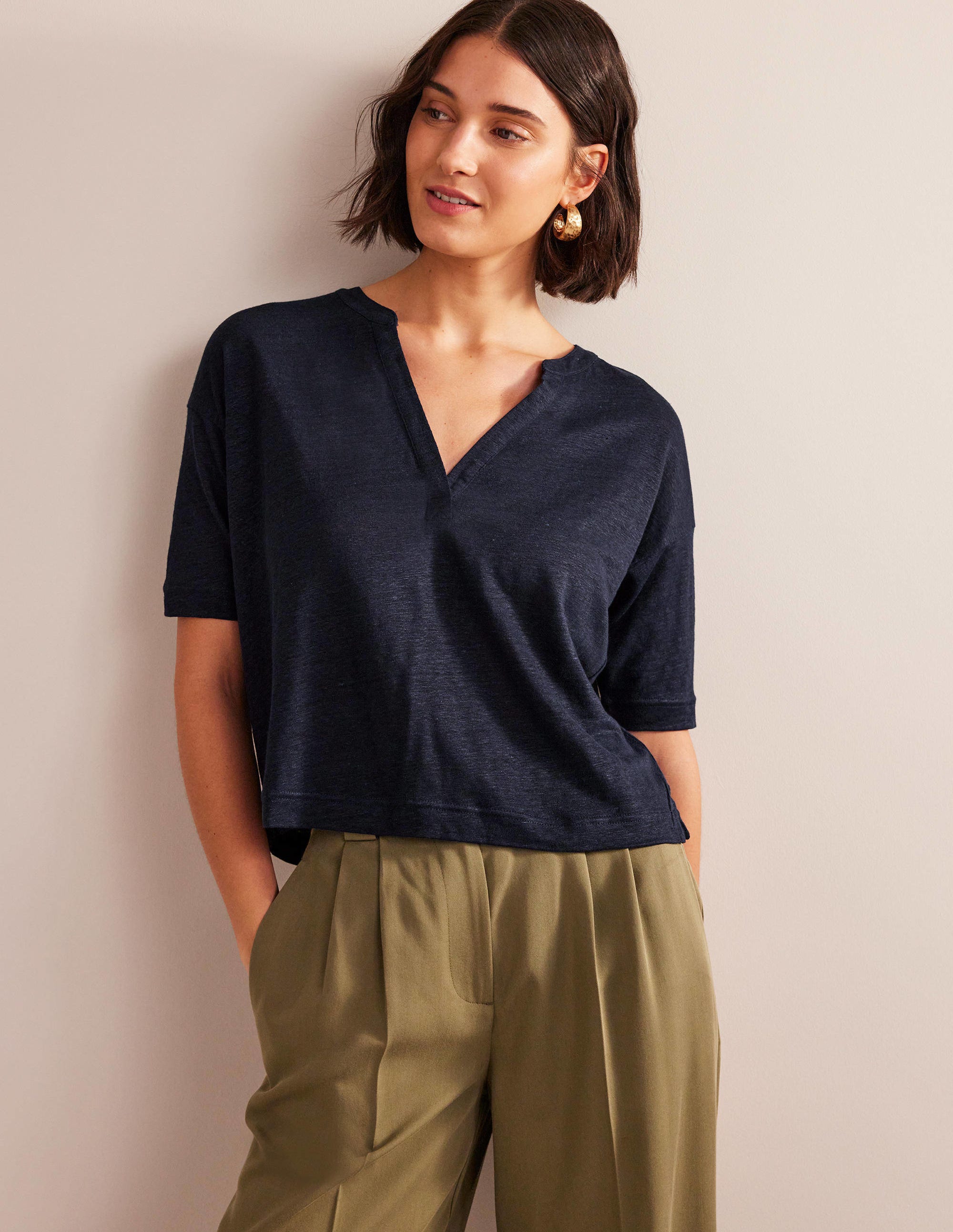 Notch Neck Linen Henley Top-Navy - Image 4