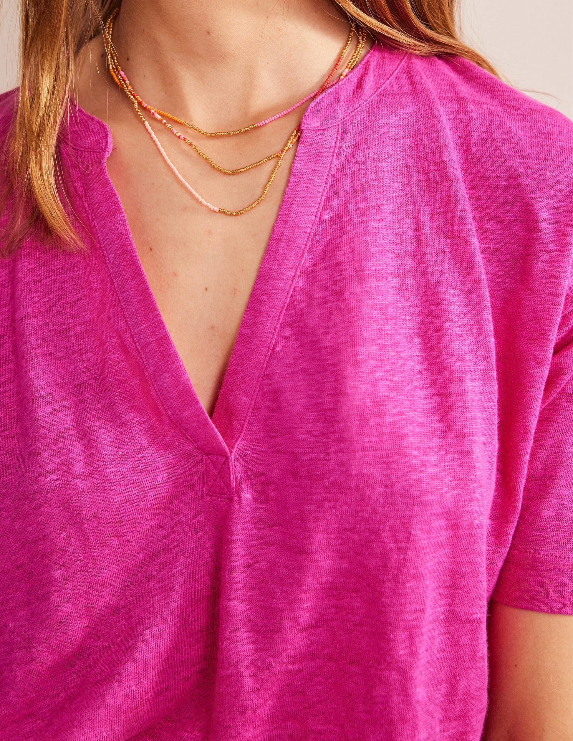 Notch Neck Linen Henley Top-Phlox Pink-2