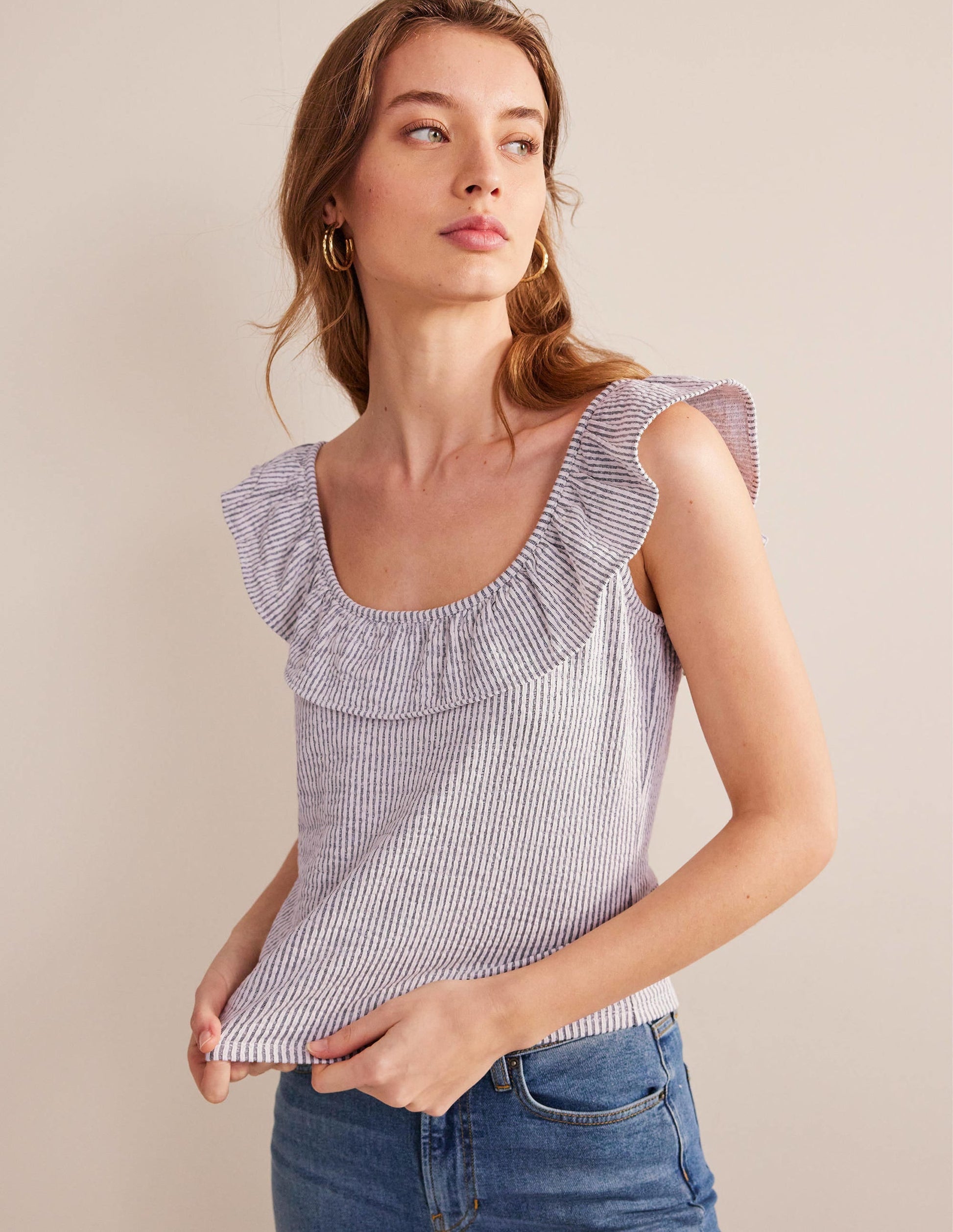 Seersucker Frill Stripe Top-Navy/White Stripe-1