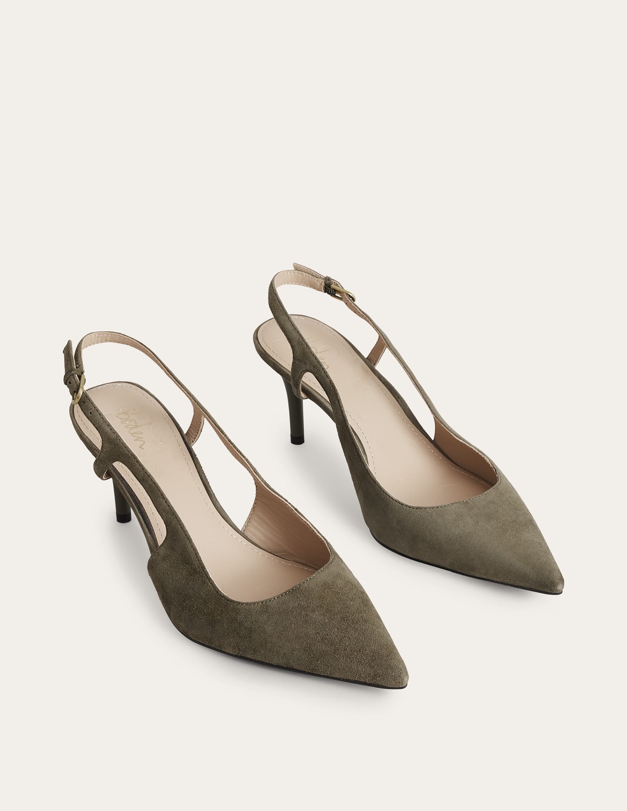 Cut Out Sling Back Heels-Deep Olive Suede - Image 2