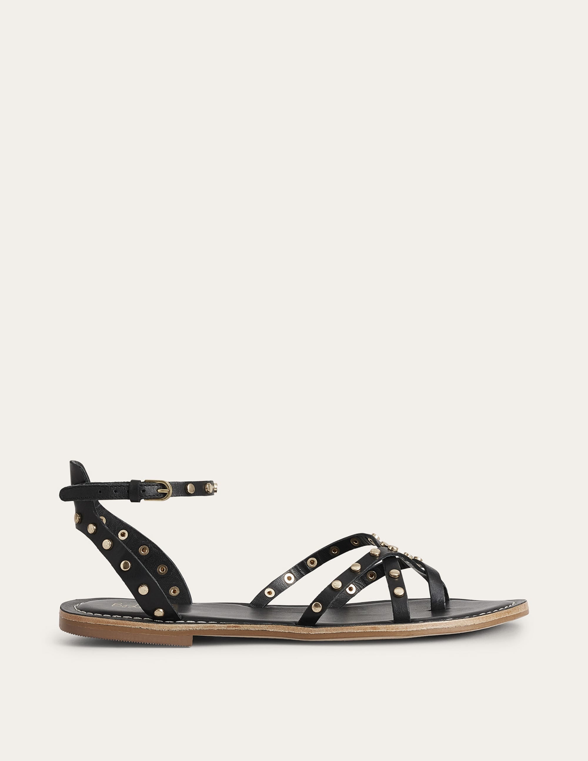 Studded Classic Flat Sandals-Black Leather - Image 1