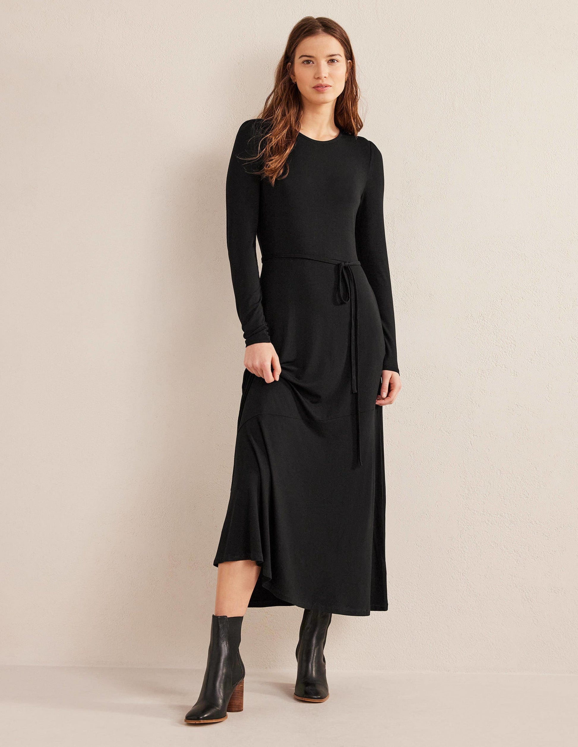 Skirt Detail Jersey Midi Dress-Black-1