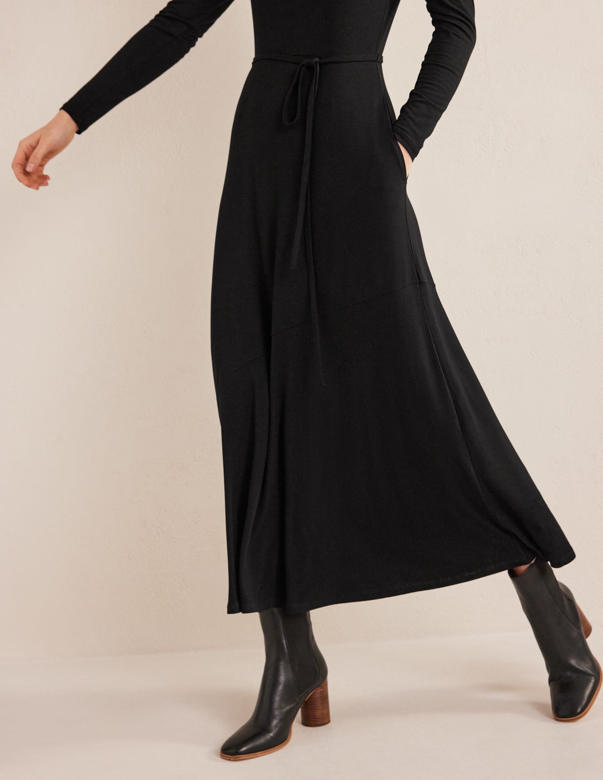 Skirt Detail Jersey Midi Dress-Black-2