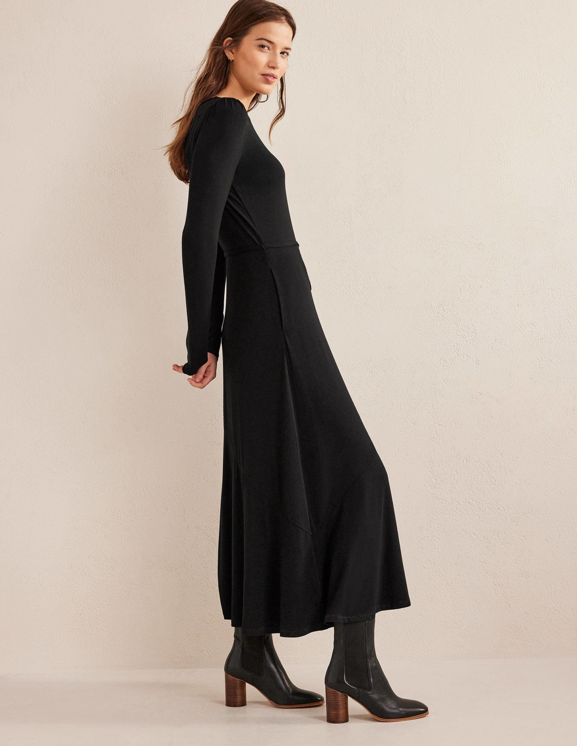 Skirt Detail Jersey Midi Dress-Black - Image 4