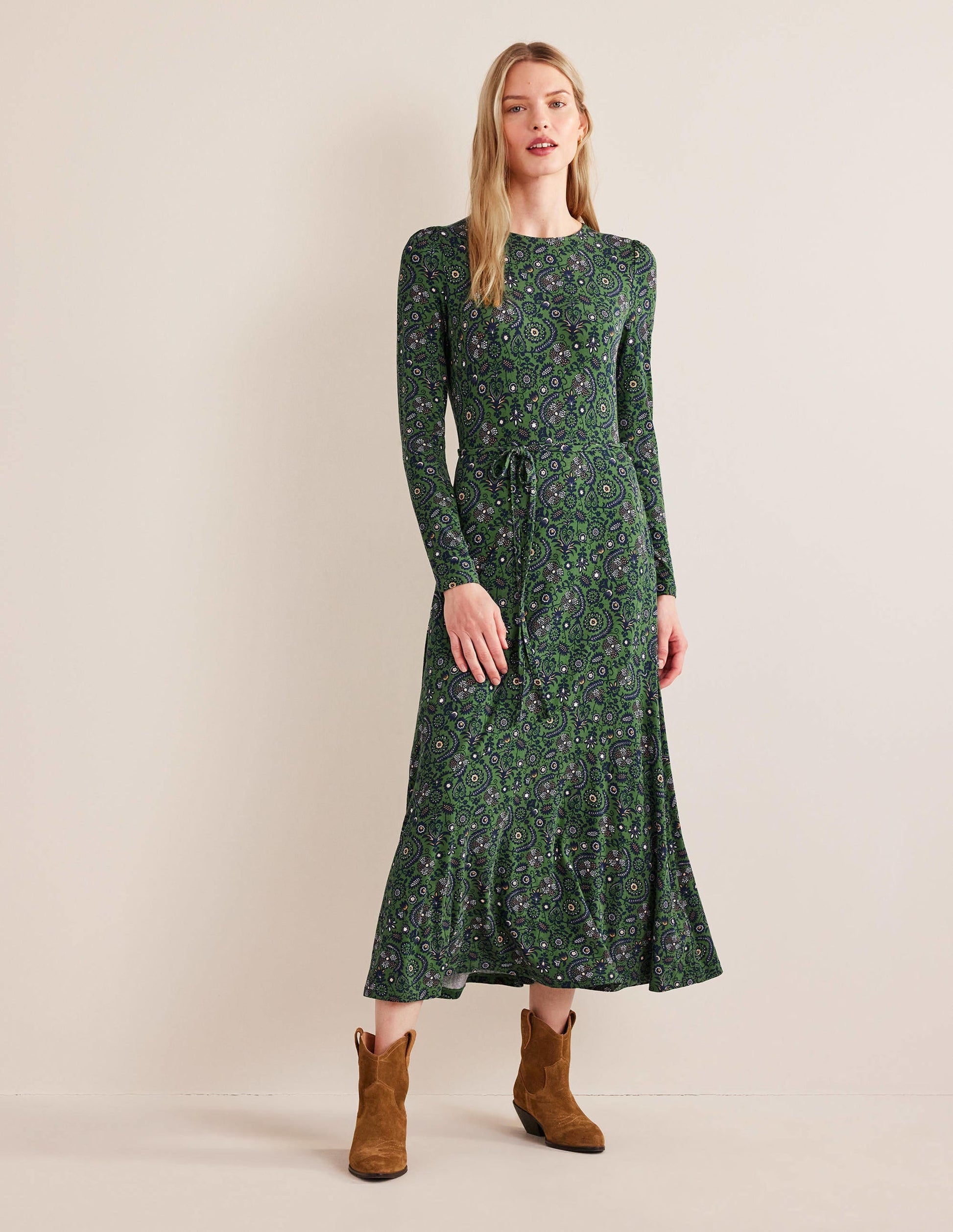 Skirt Detail Jersey Midi Dress-Broad Bean, Tropic Charm-1
