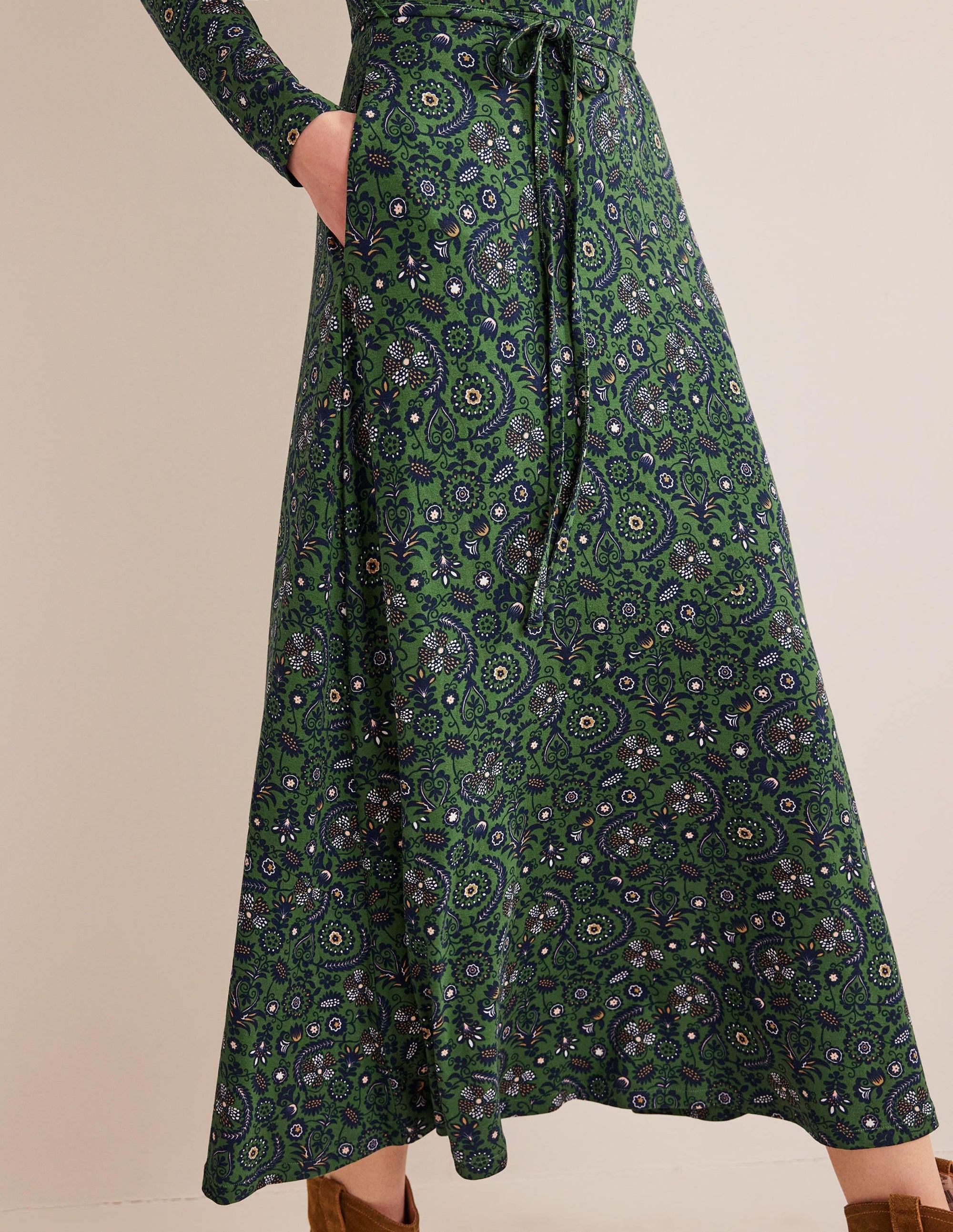 Skirt Detail Jersey Midi Dress-Broad Bean, Tropic Charm - Image 2