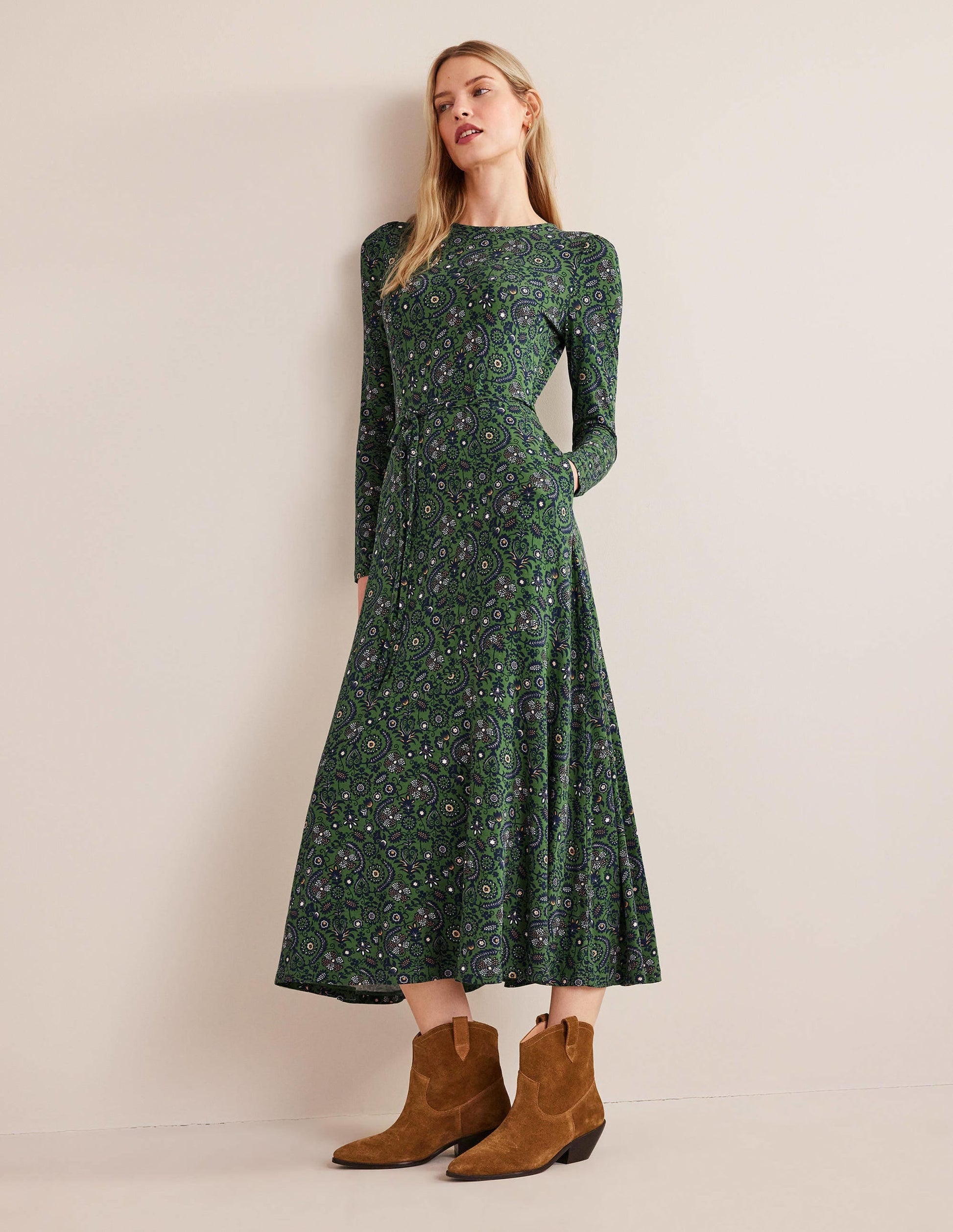 Skirt Detail Jersey Midi Dress-Broad Bean, Tropic Charm-3