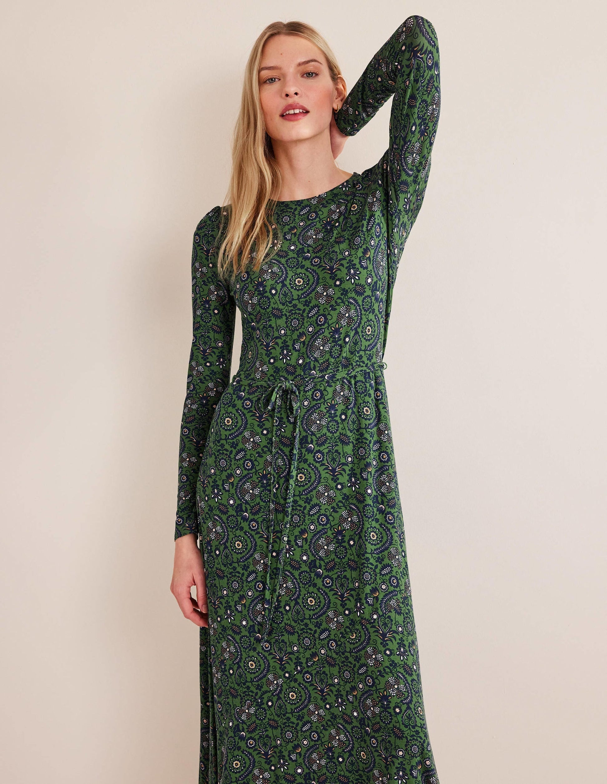 Skirt Detail Jersey Midi Dress-Broad Bean, Tropic Charm-5