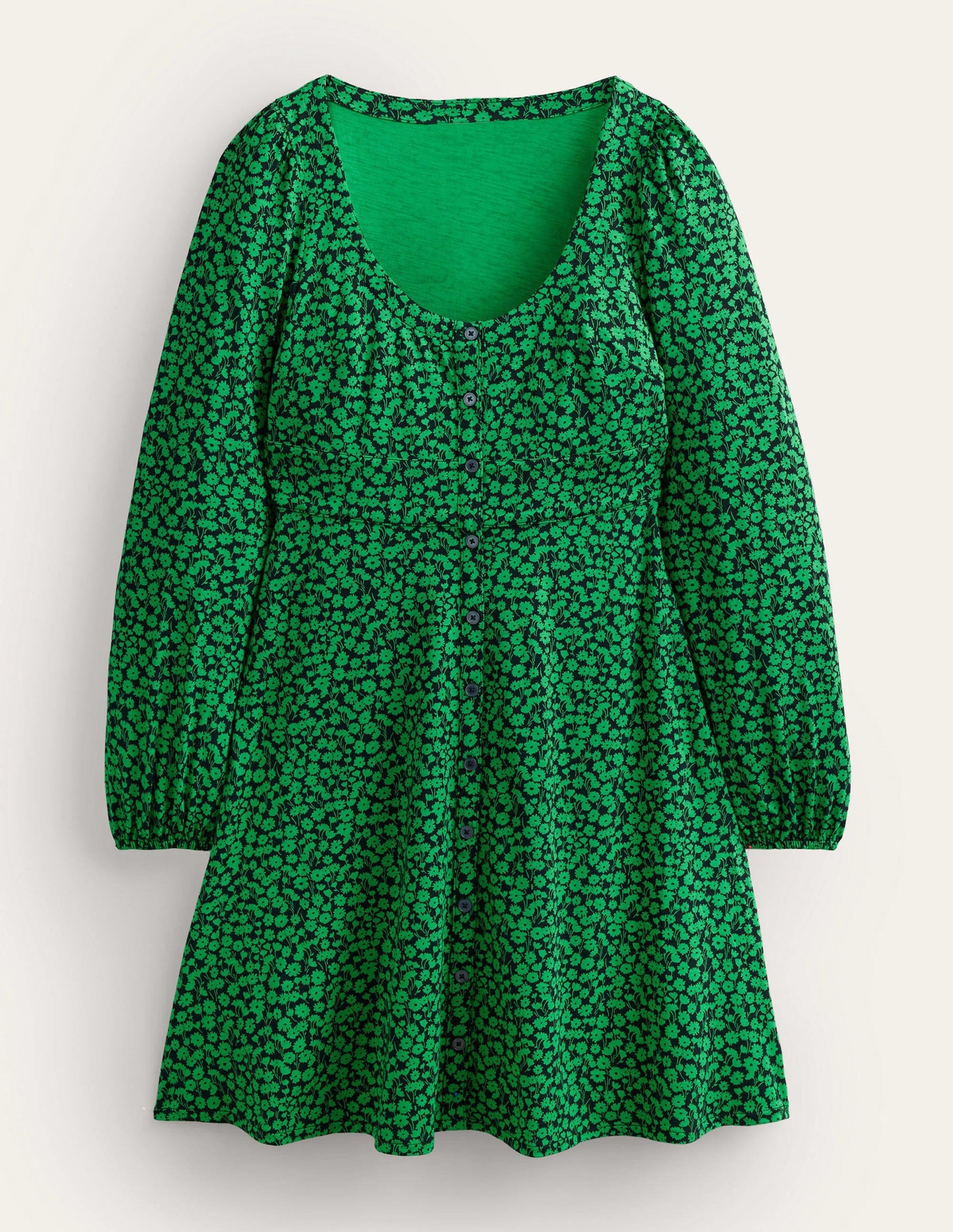 Button Front Jersey Mini Dress-Green Bee, Tulip Sprig-6