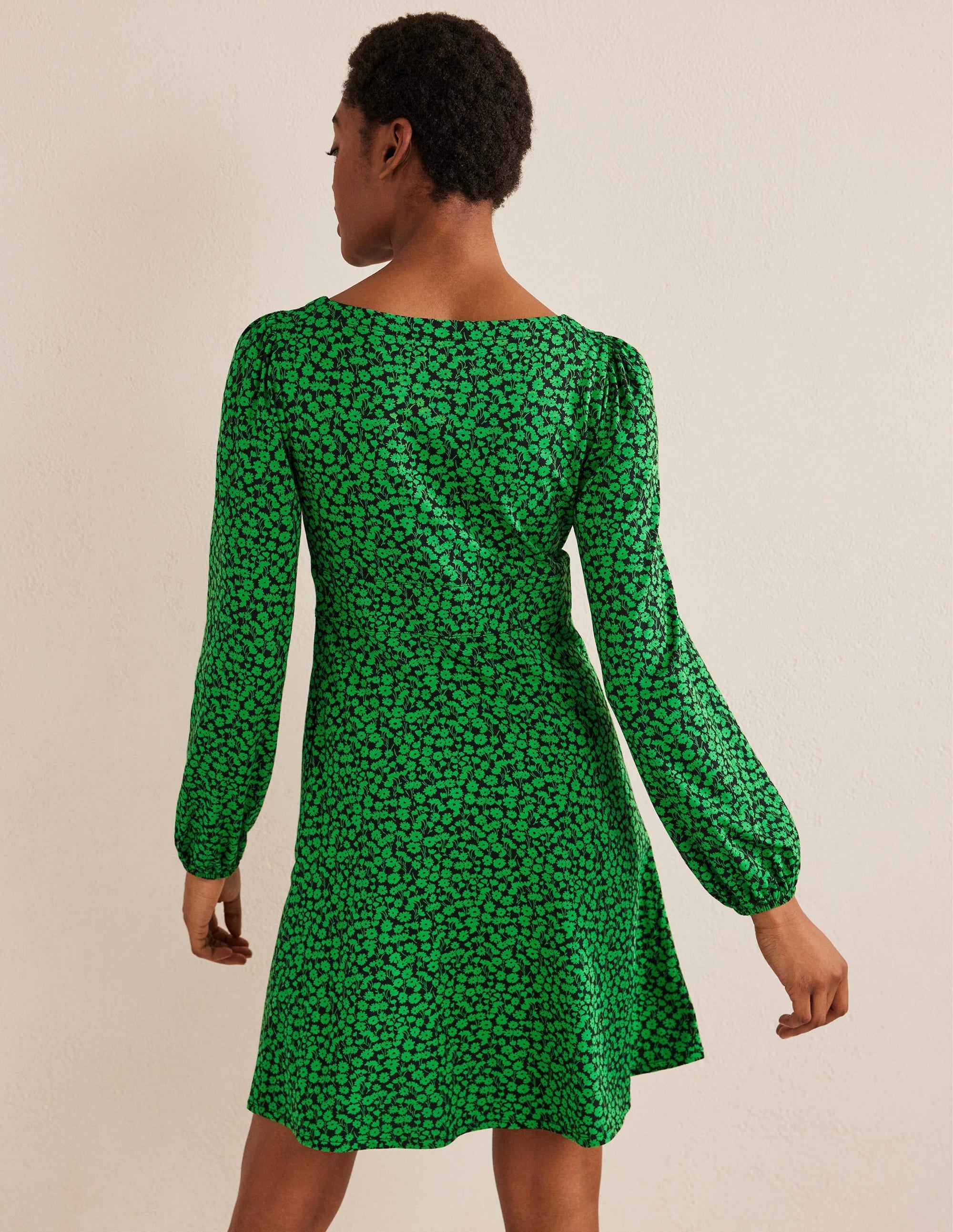 Button Front Jersey Mini Dress-Green Bee, Tulip Sprig - Image 3