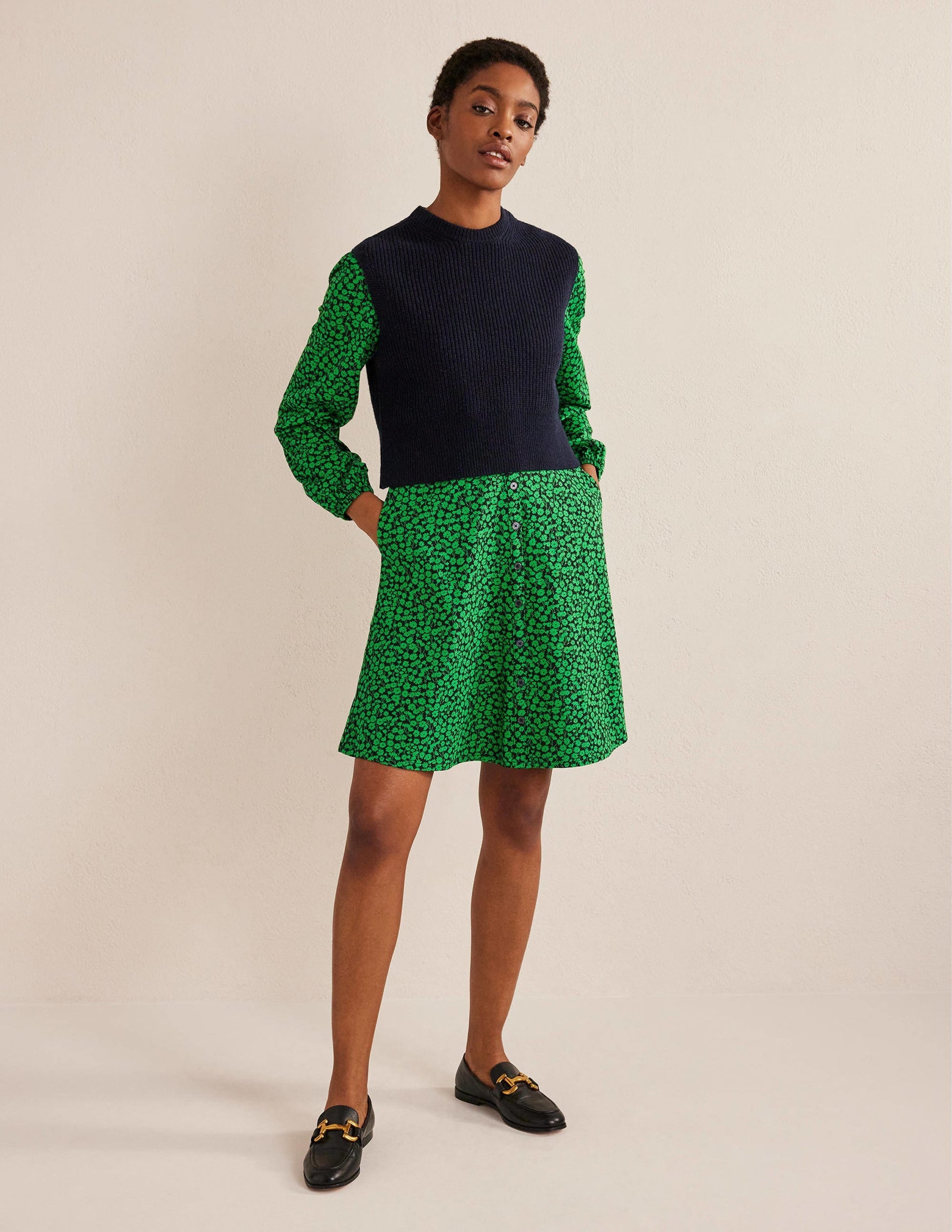 Button Front Jersey Mini Dress-Green Bee, Tulip Sprig-5