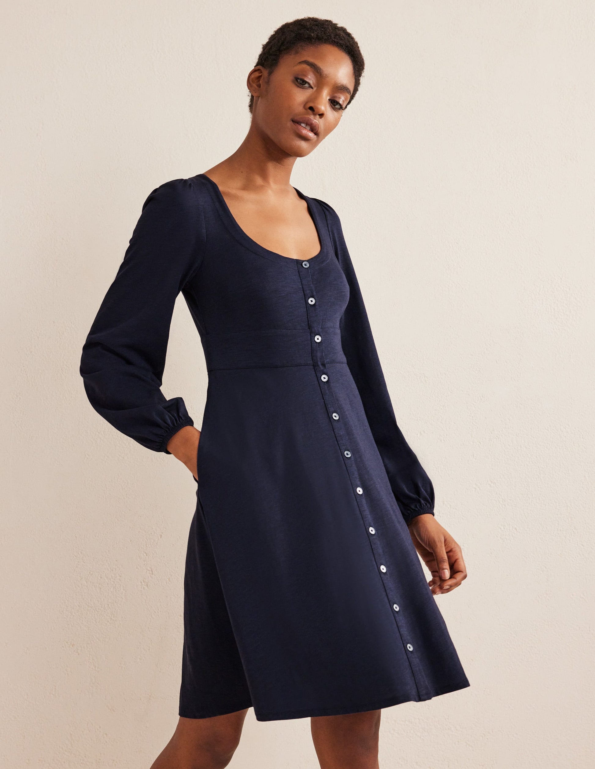 Button Front Jersey Mini Dress-Navy-1