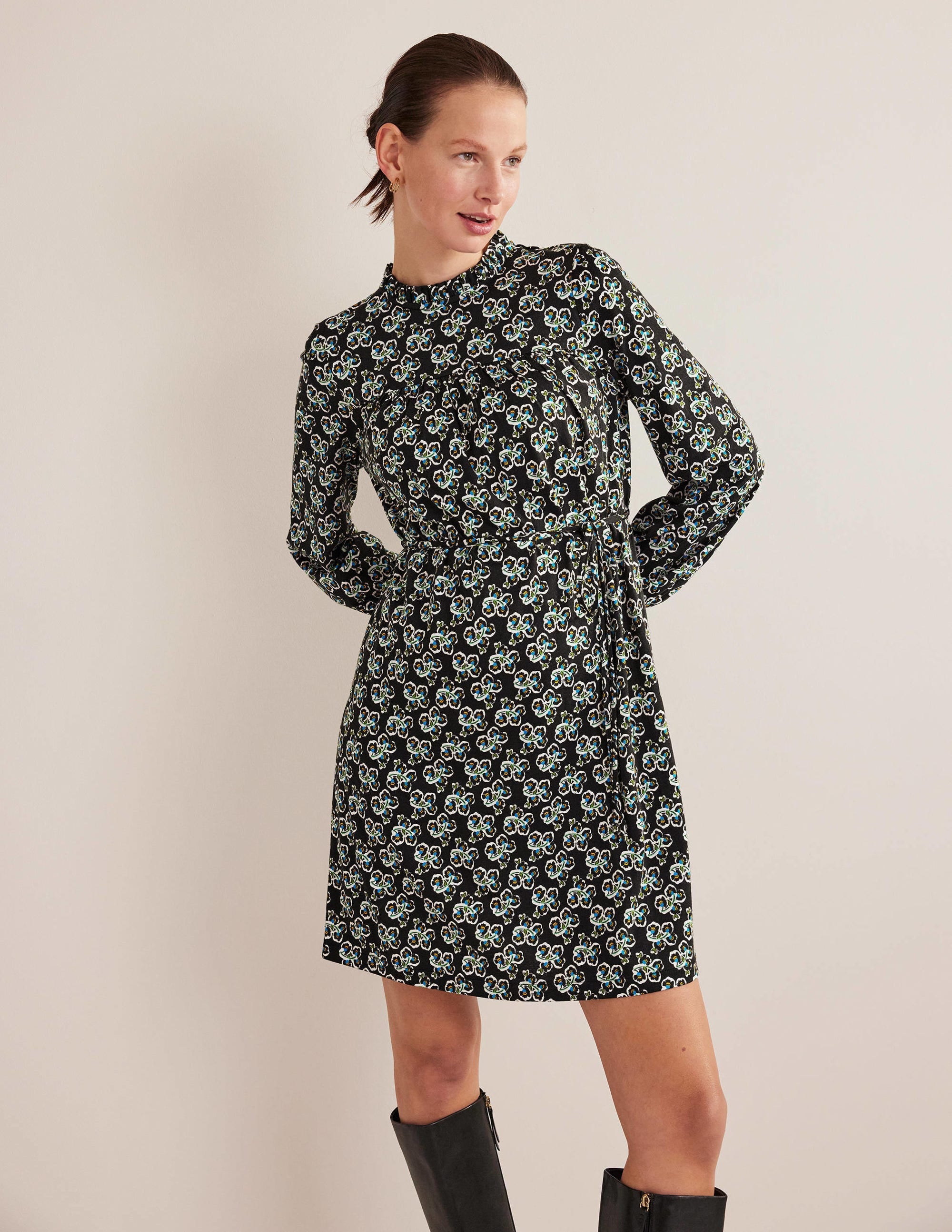 Easy Yoke Mini Jersey Dress-Black, Petal Blossom - Image 1