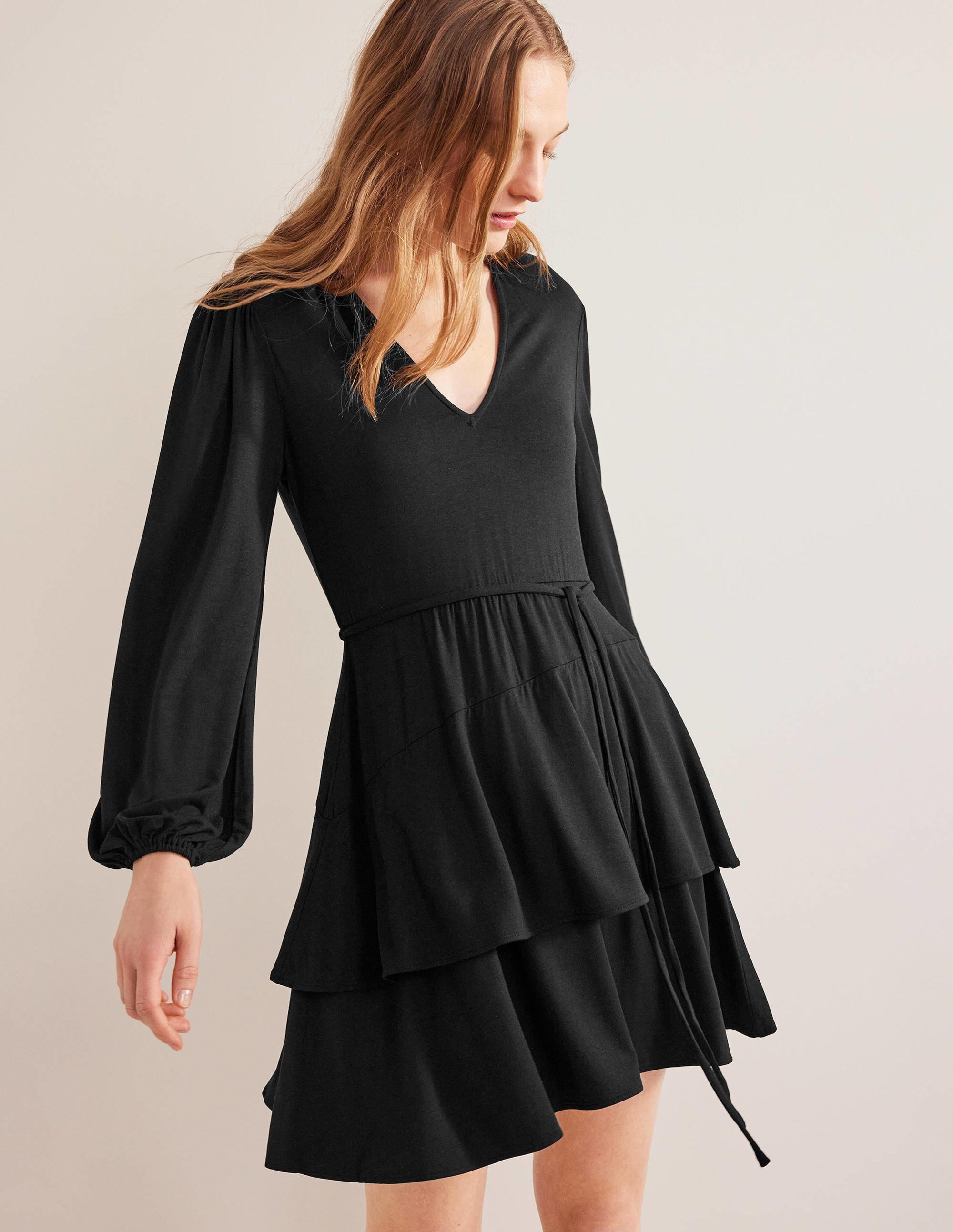 Tiered Mini Jersey Dress-Black - Image 1