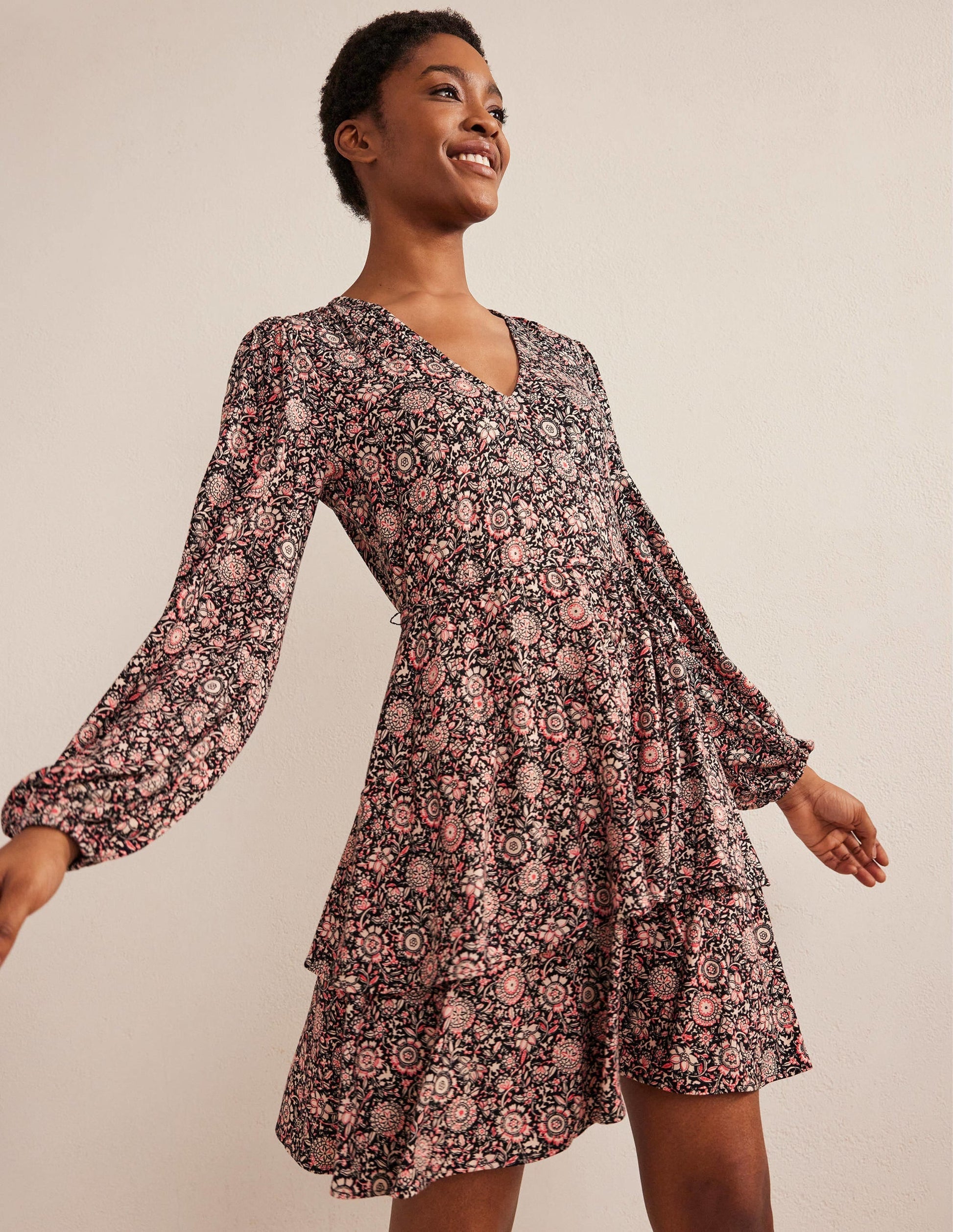 Tiered Mini Jersey Dress-Popcorn, Floral Tapestry-1