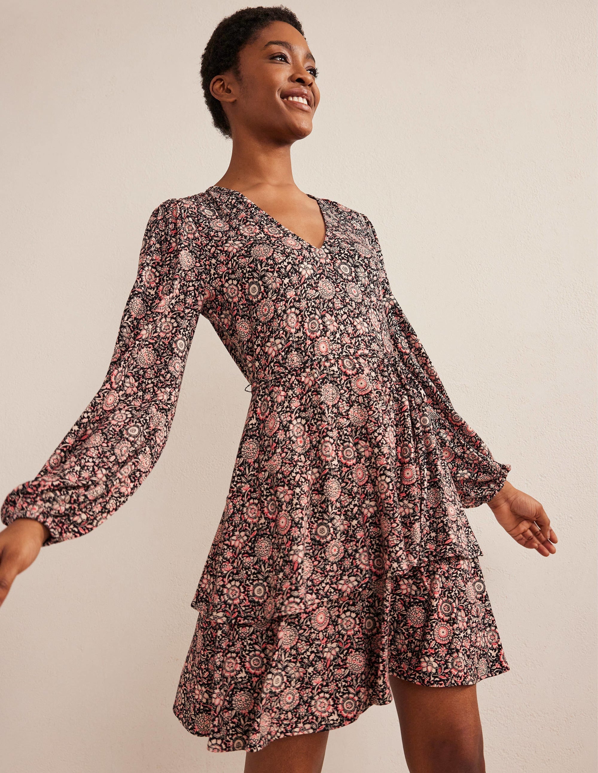 Tiered Mini Jersey Dress-Popcorn, Floral Tapestry - Image 1