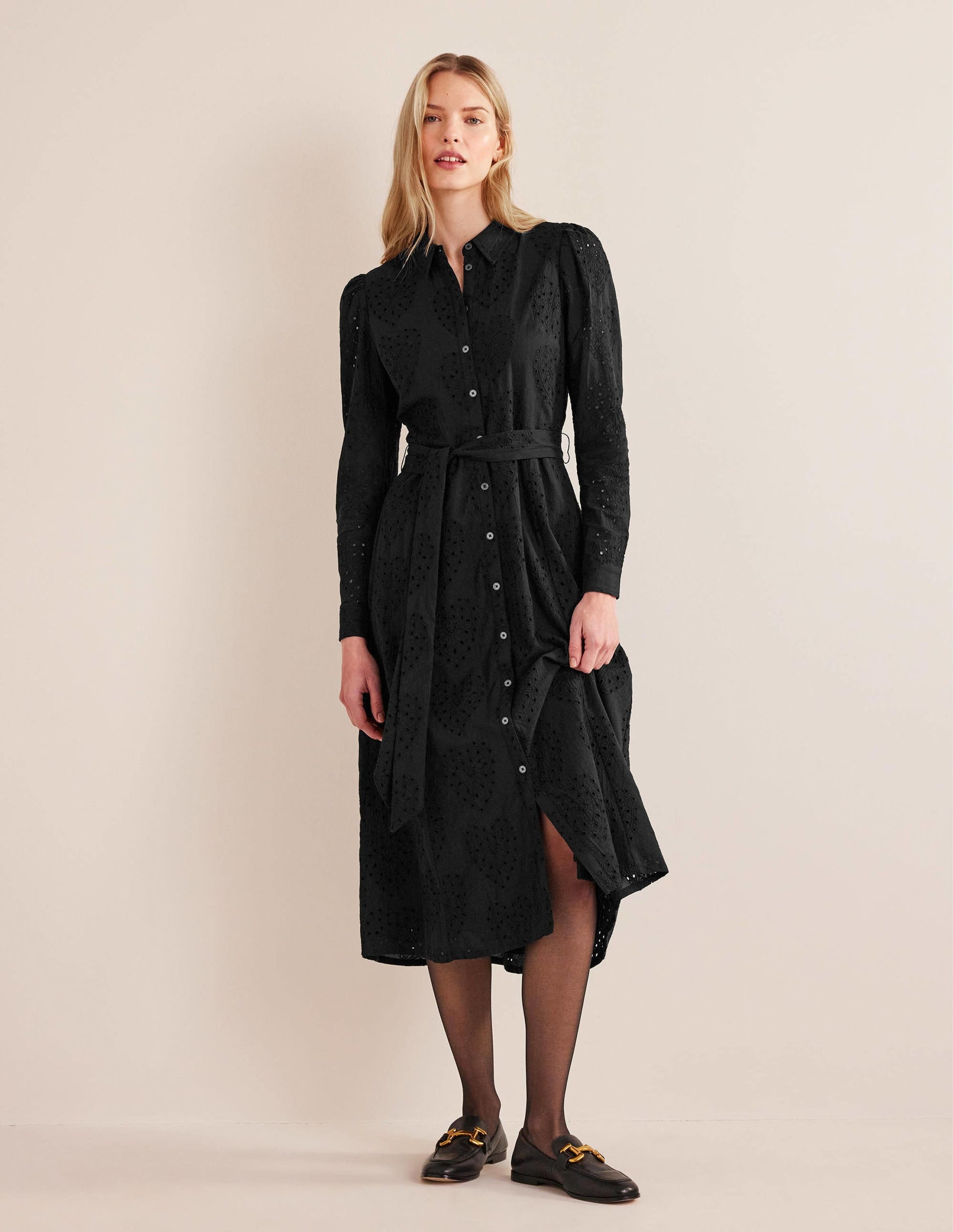 Broderie Midi Shirt Dress-Black-1