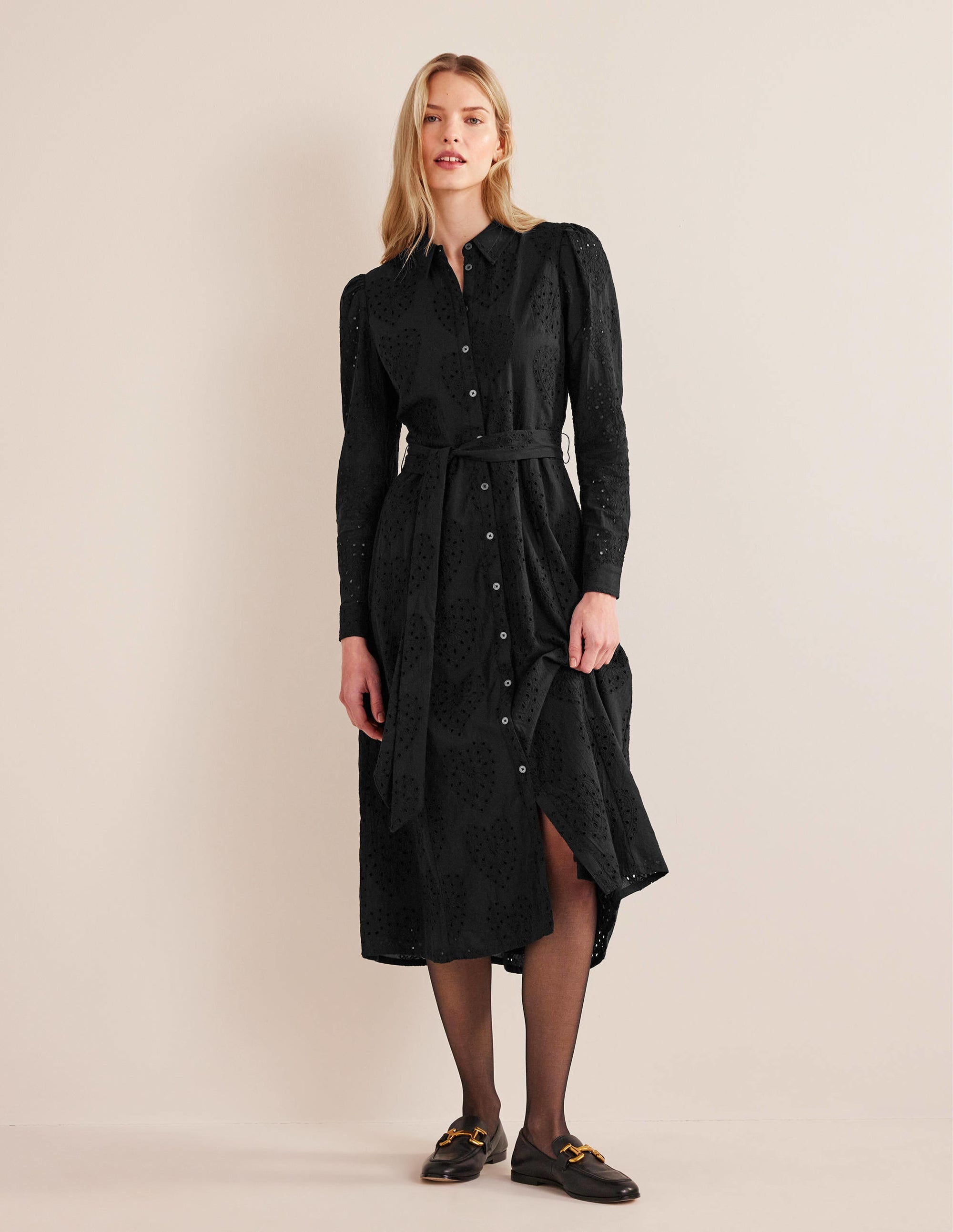 Broderie Midi Shirt Dress-Black - Image 1