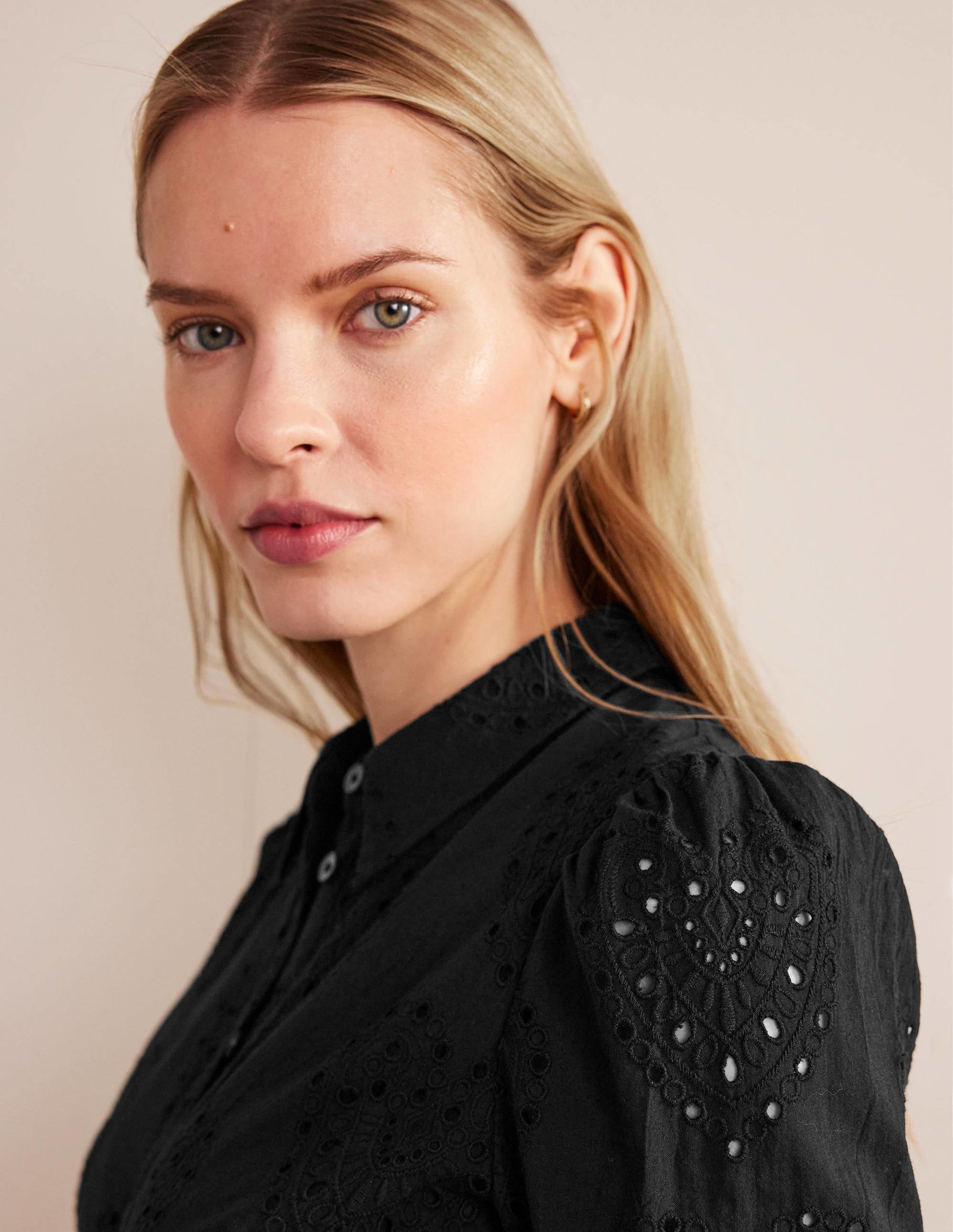 Broderie Midi Shirt Dress-Black-2