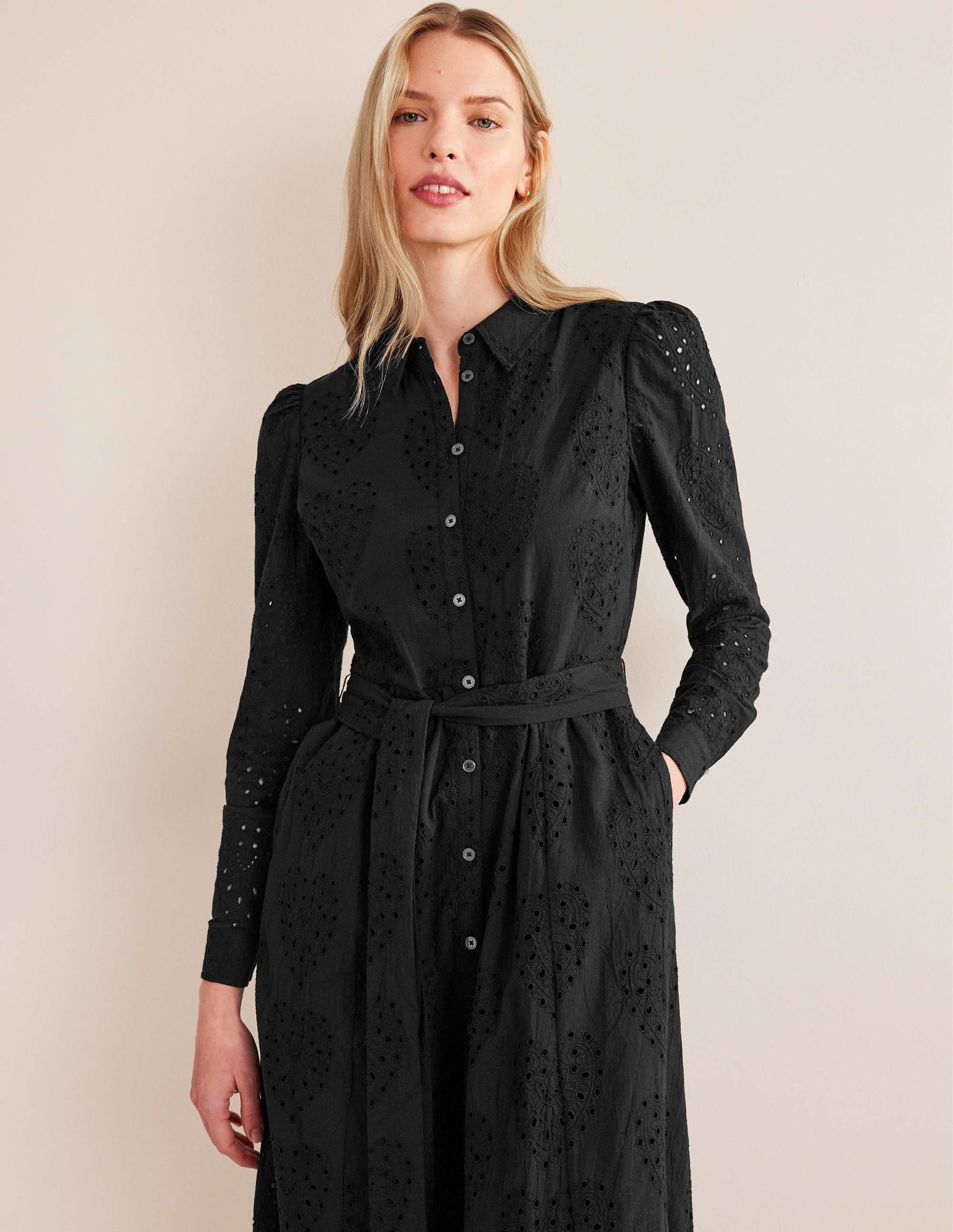 Broderie Midi Shirt Dress-Black-4