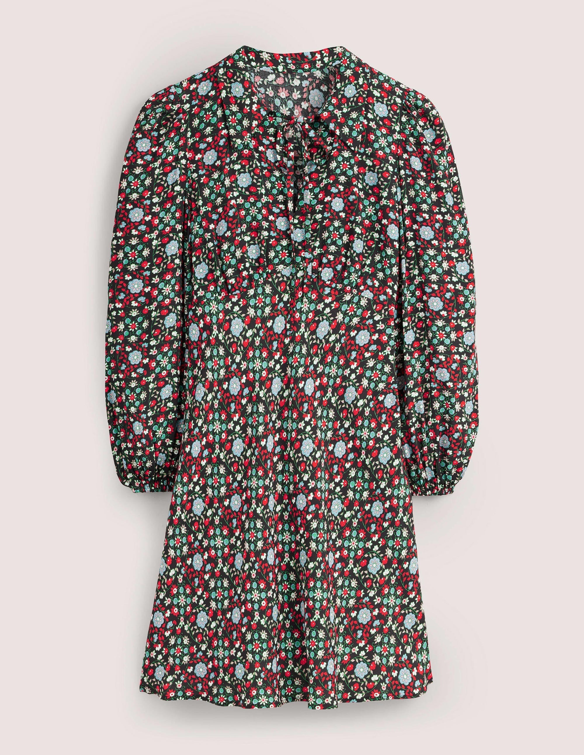 Tie Neck Shirt Dress-Black, Gardenia Swirl - Image 6