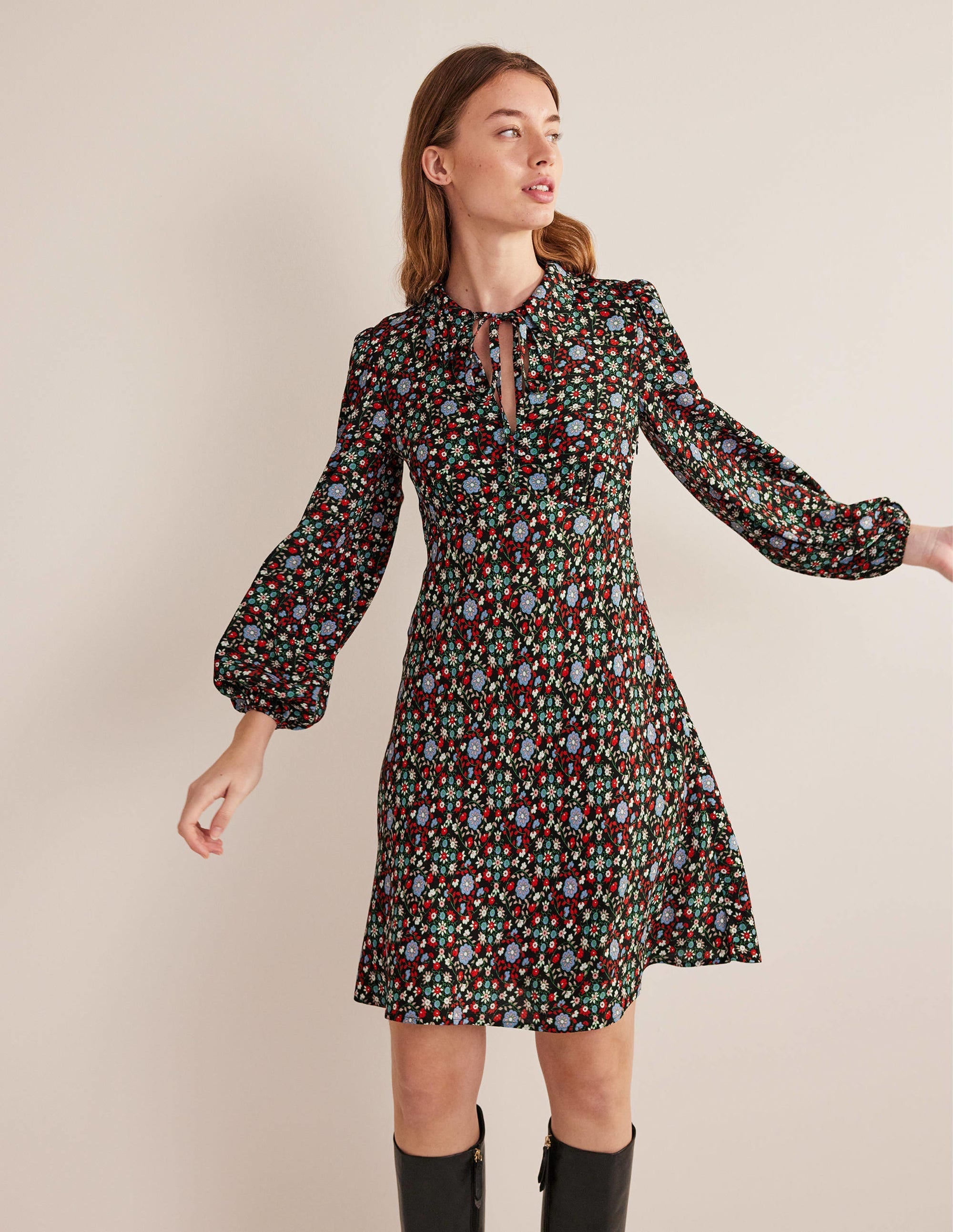 Tie Neck Shirt Dress-Black, Gardenia Swirl - Image 1