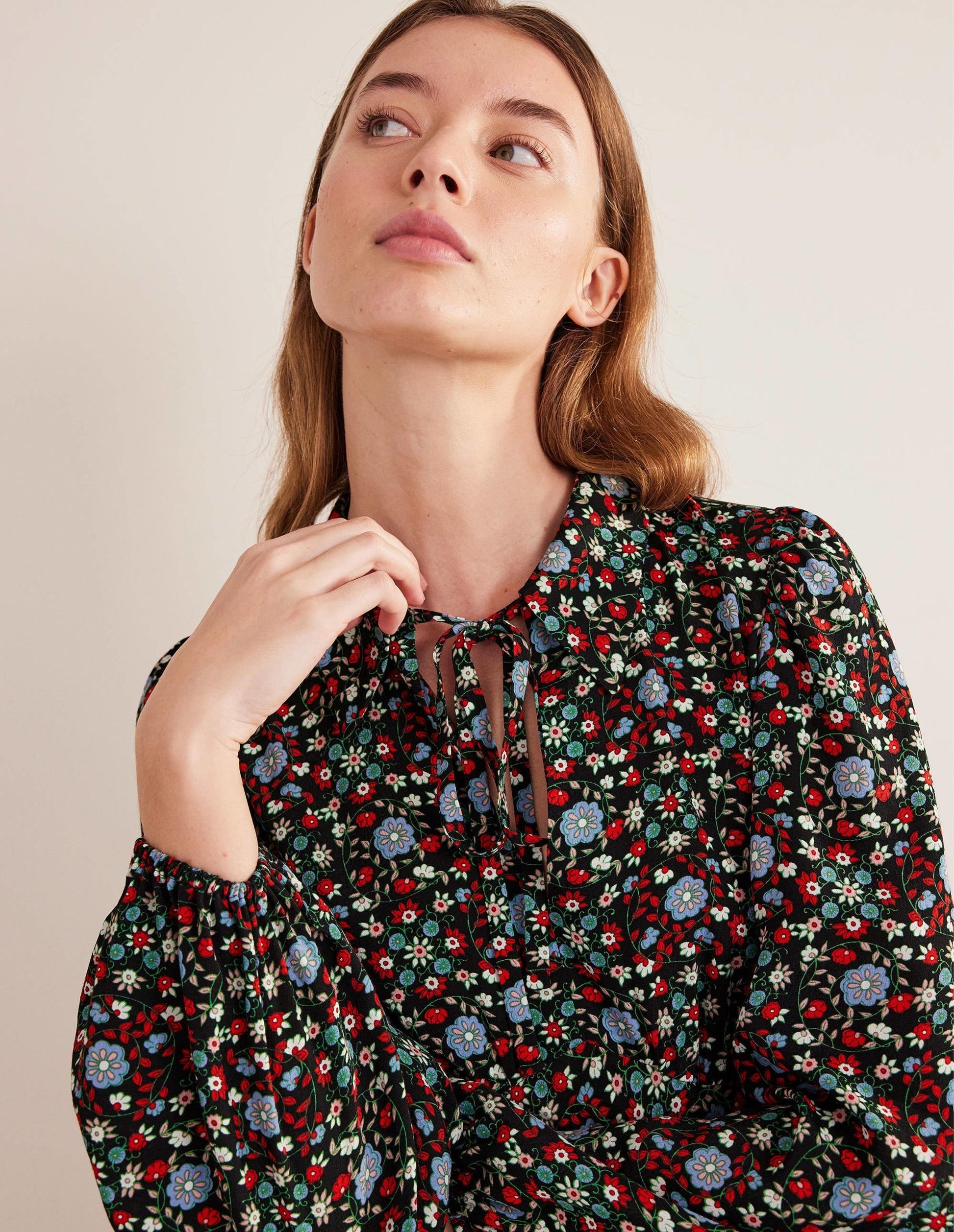 Tie Neck Shirt Dress-Black, Gardenia Swirl-2