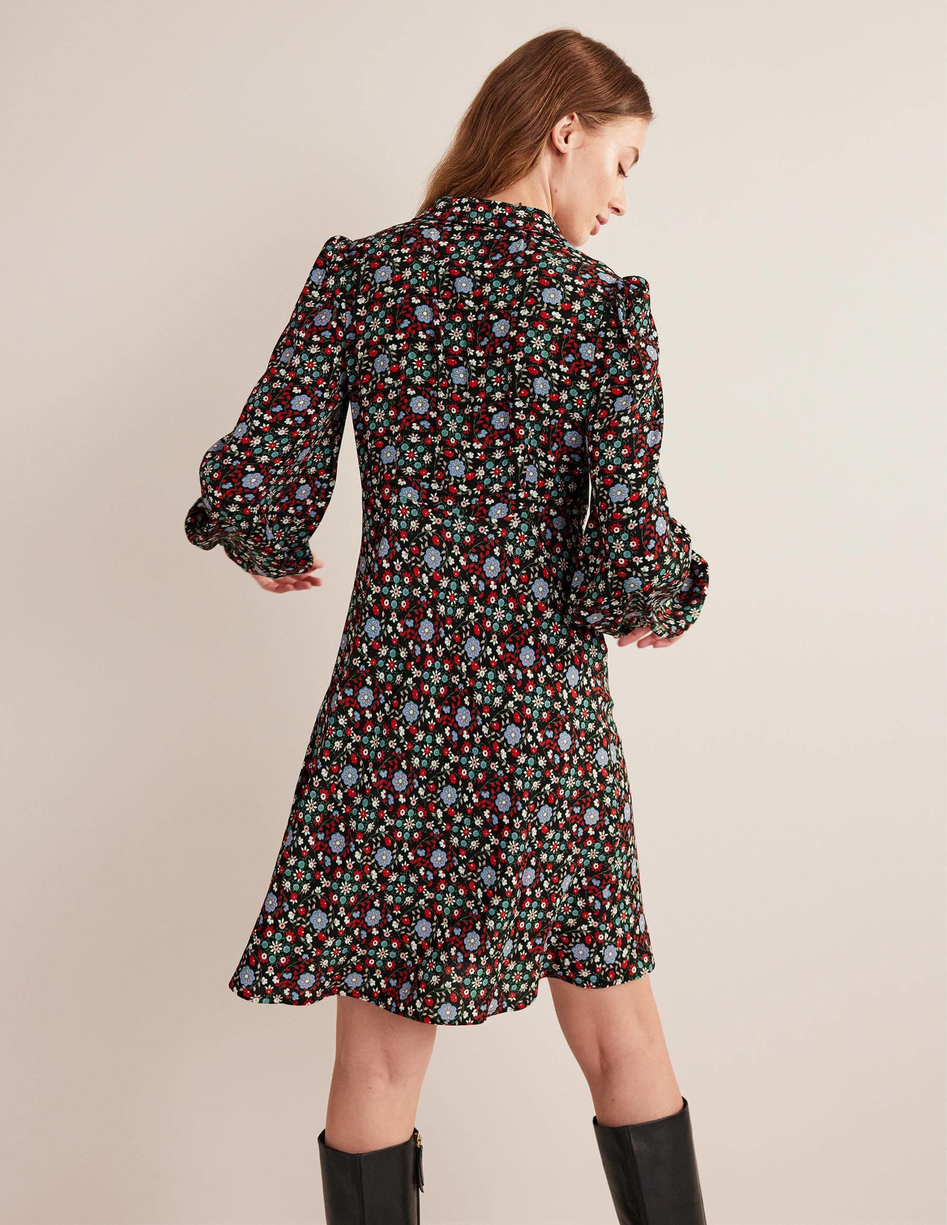 Tie Neck Shirt Dress-Black, Gardenia Swirl-3