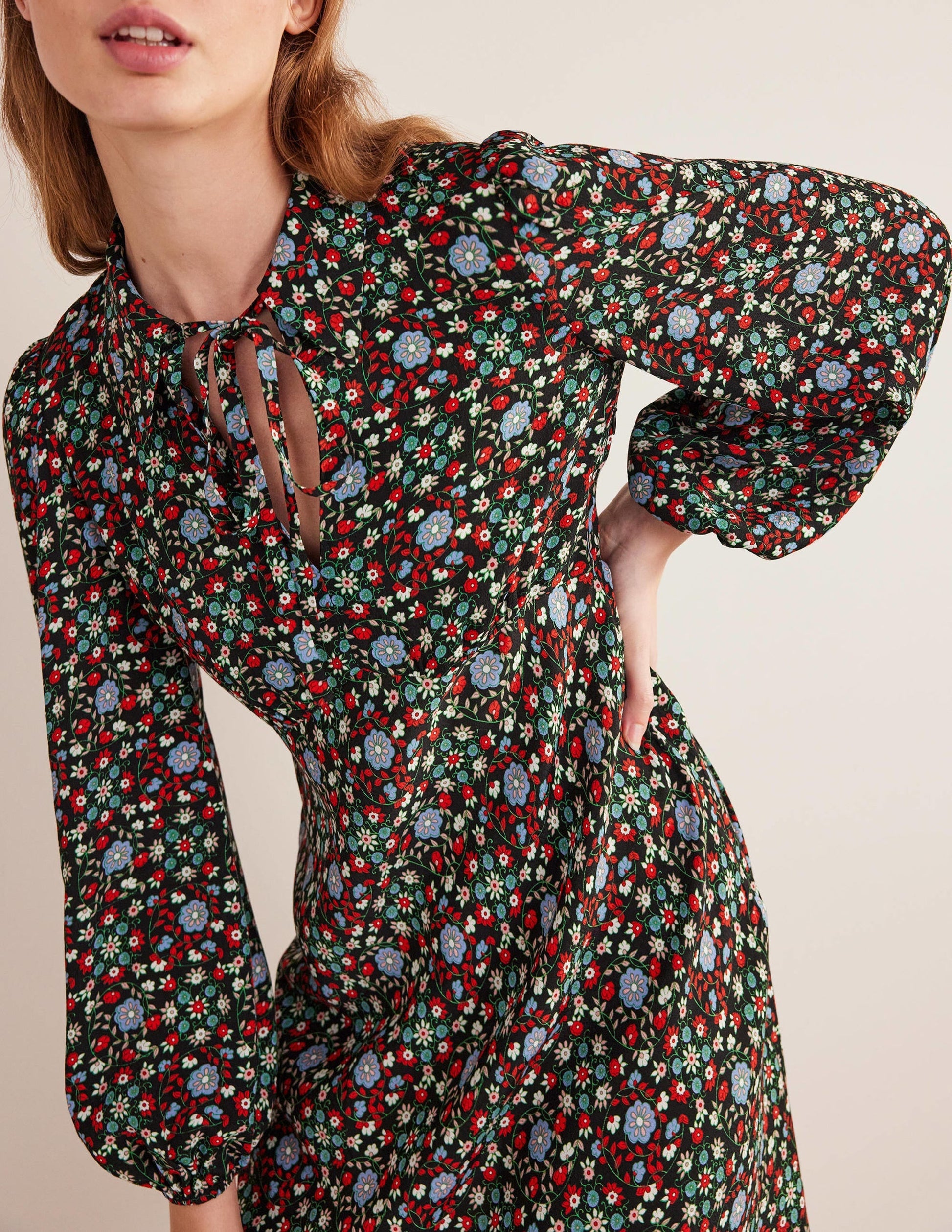Tie Neck Shirt Dress-Black, Gardenia Swirl-4