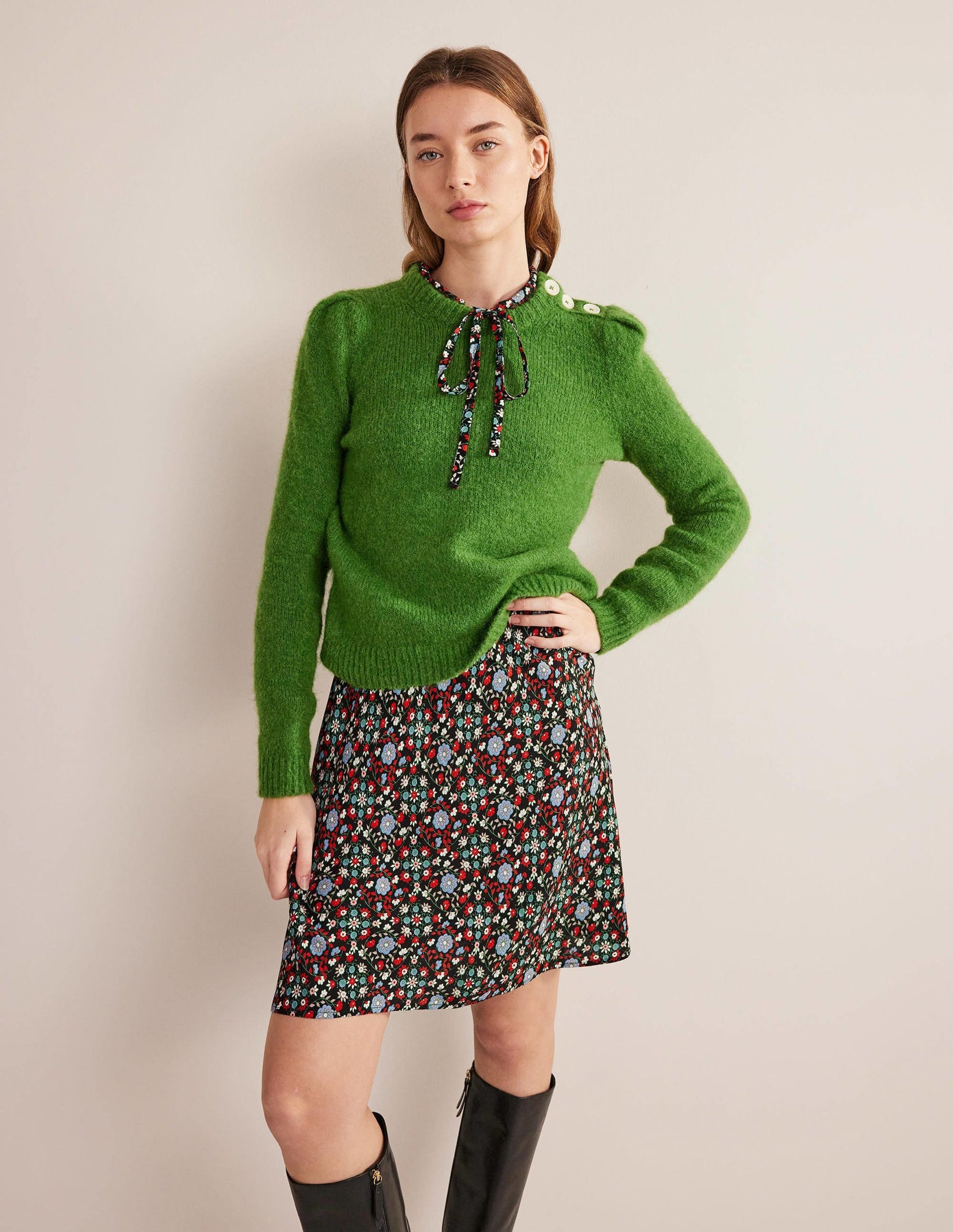 Tie Neck Shirt Dress-Black, Gardenia Swirl-5
