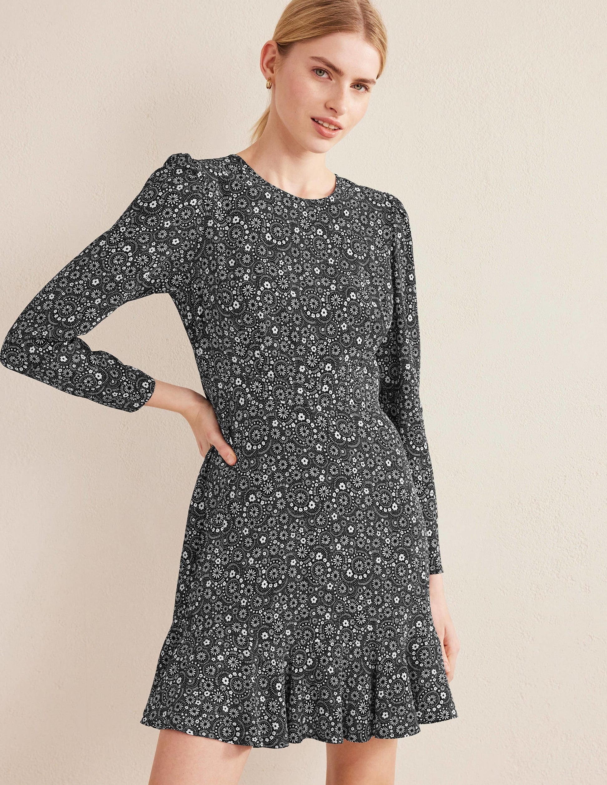 Long Sleeve Flippy Mini Dress-Black, Dotty Daisy-1