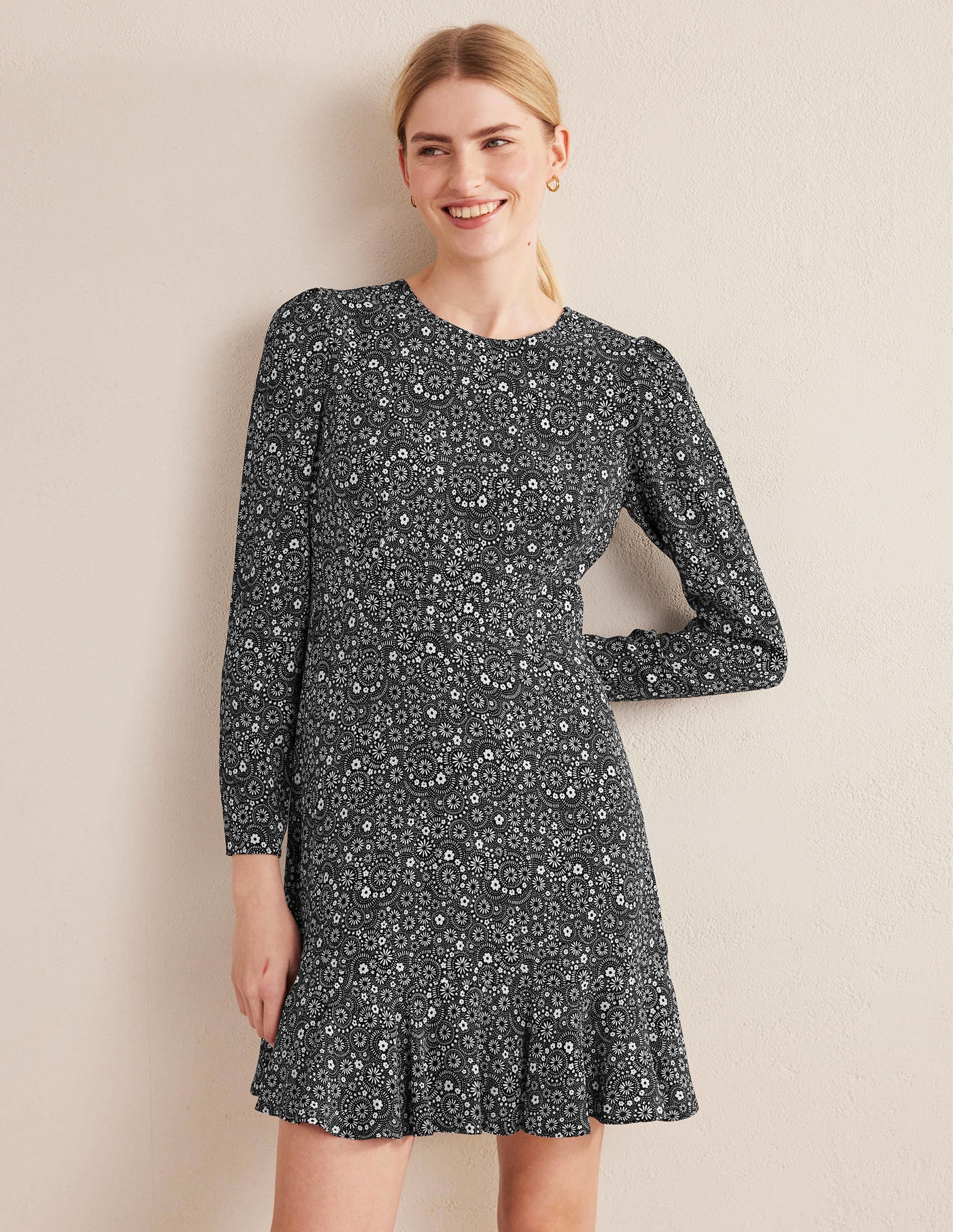 Long Sleeve Flippy Mini Dress-Black, Dotty Daisy - Image 4