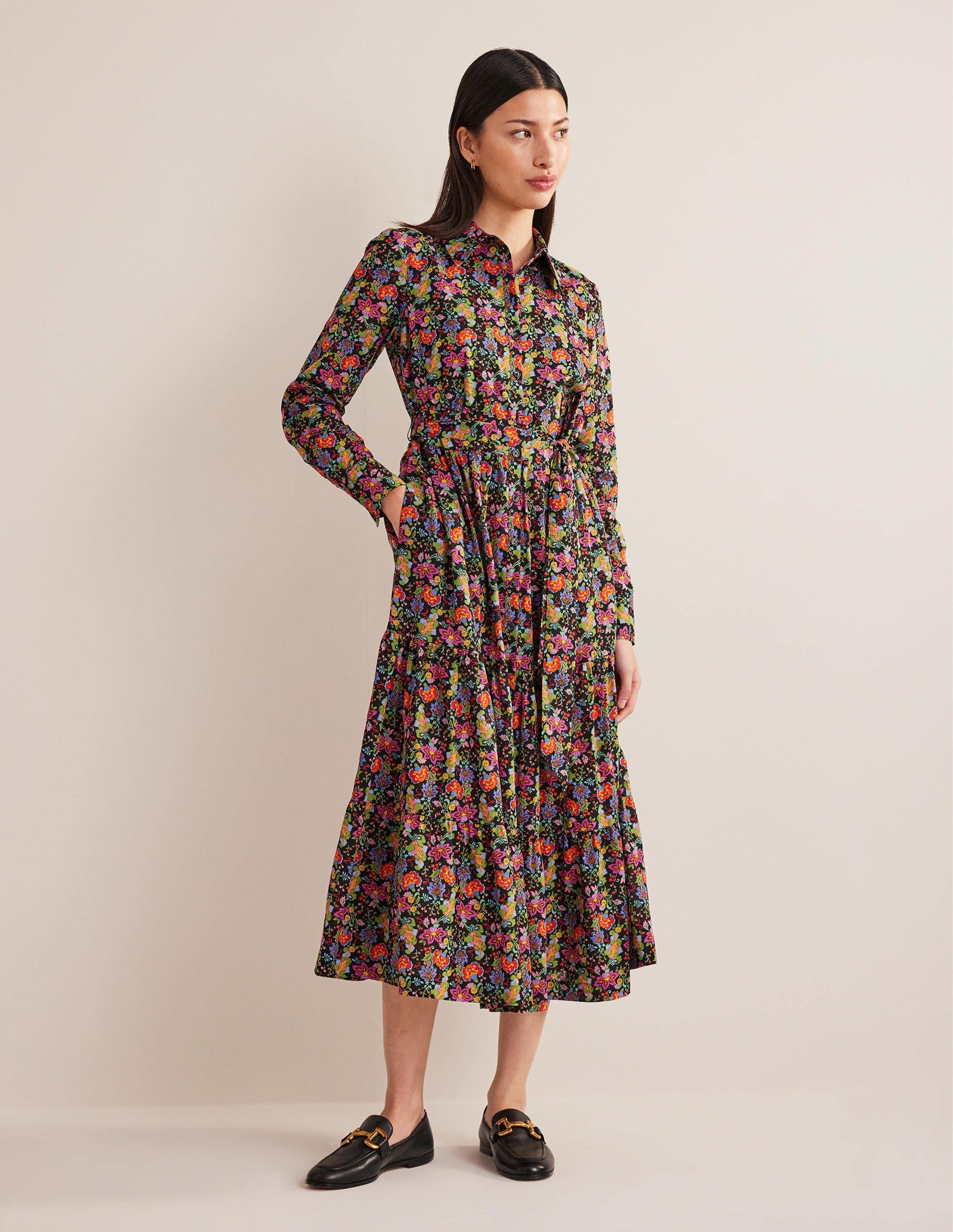 Flo Cotton Midi Shirt Dress-Black, Carnation Garden - Image 1