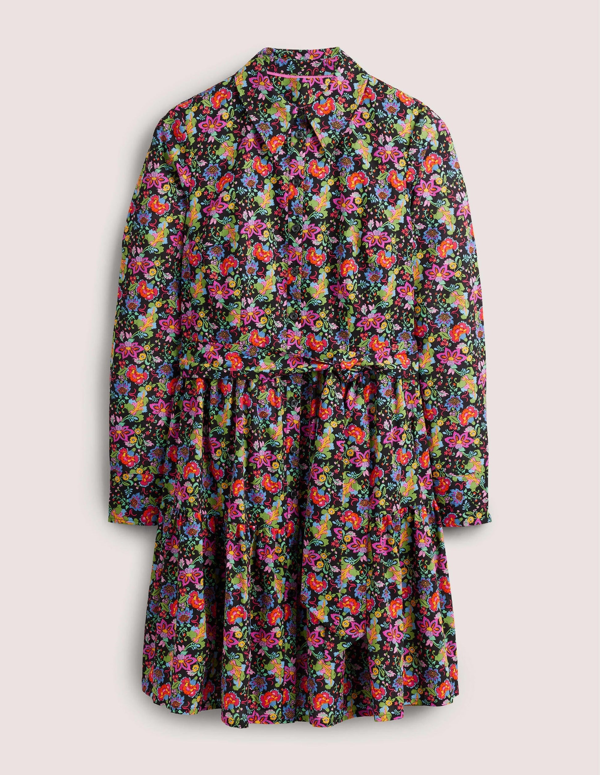 Tiered Cotton Mini Shirt Dress-Black, Carnation Garden-6