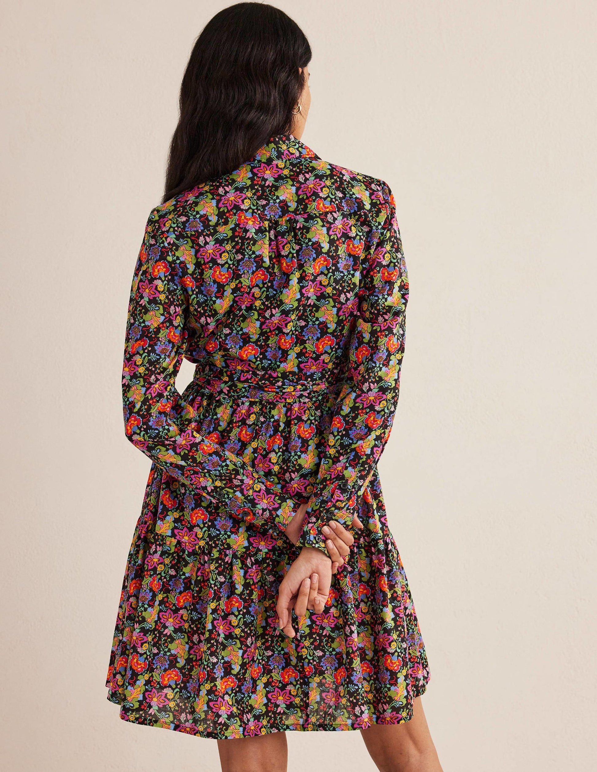 Tiered Cotton Mini Shirt Dress-Black, Carnation Garden-3