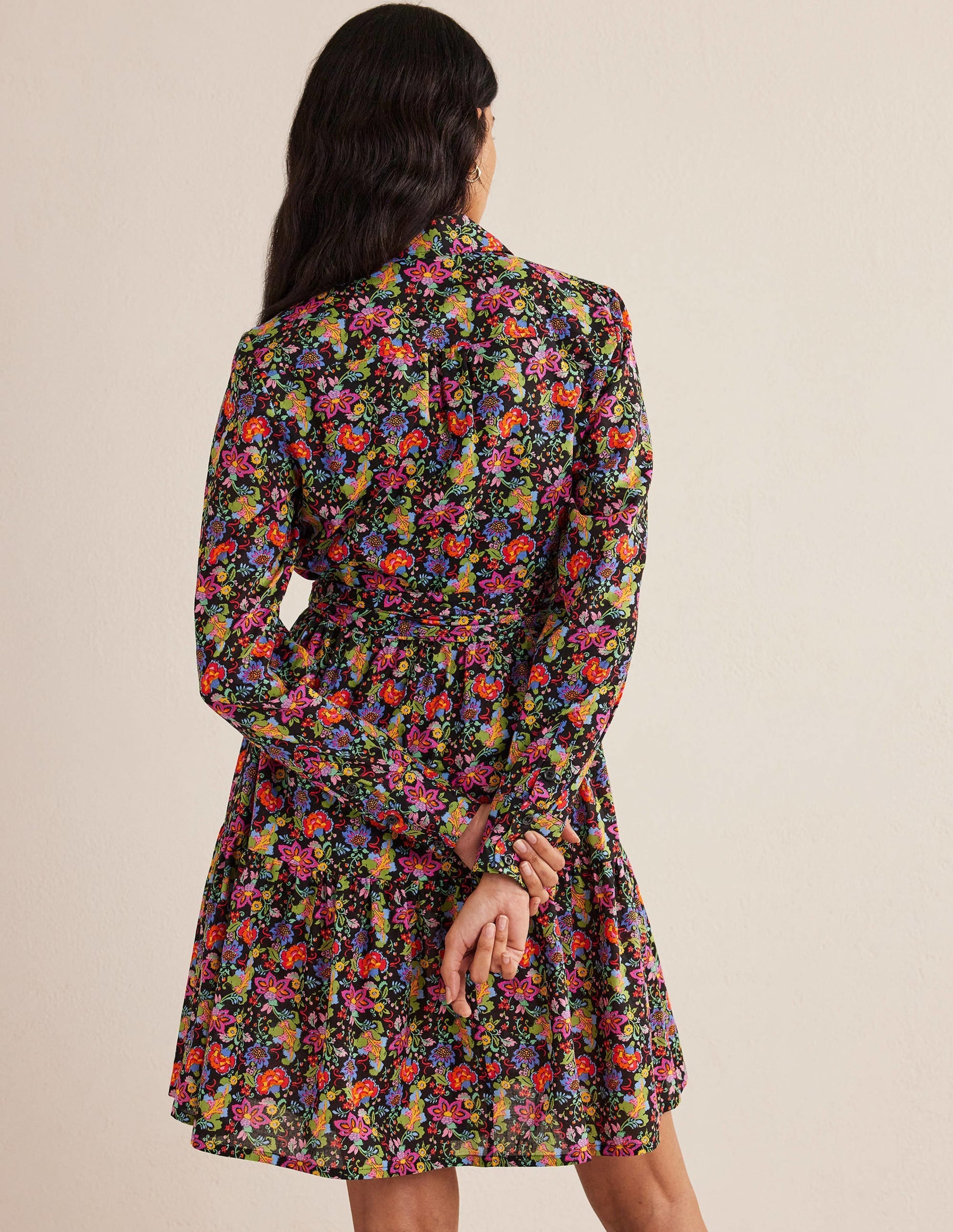 Tiered Cotton Mini Shirt Dress-Black, Carnation Garden - Image 3