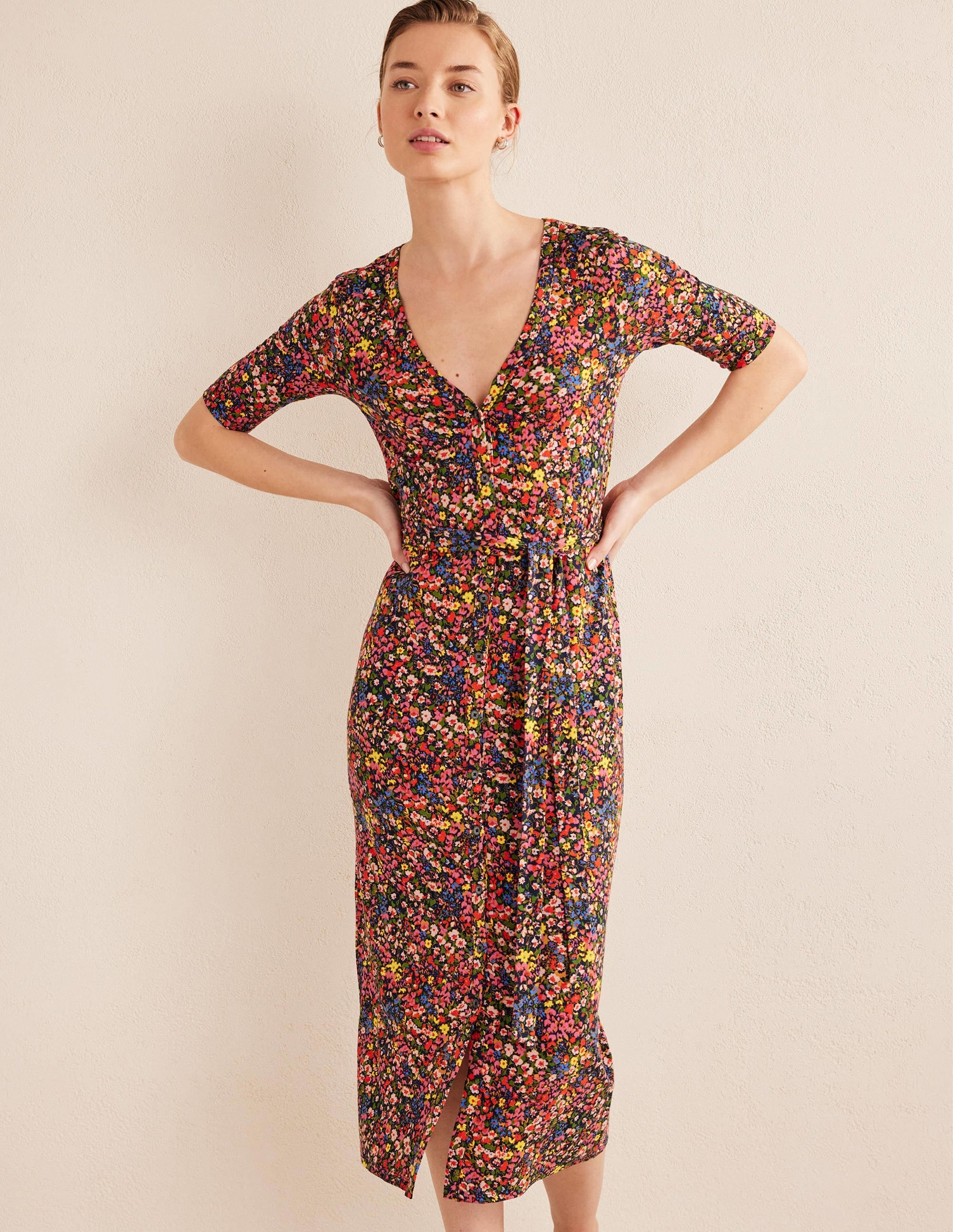 Button Front Jersey Midi Dress-Multi, Gardenia Petal - Image 1