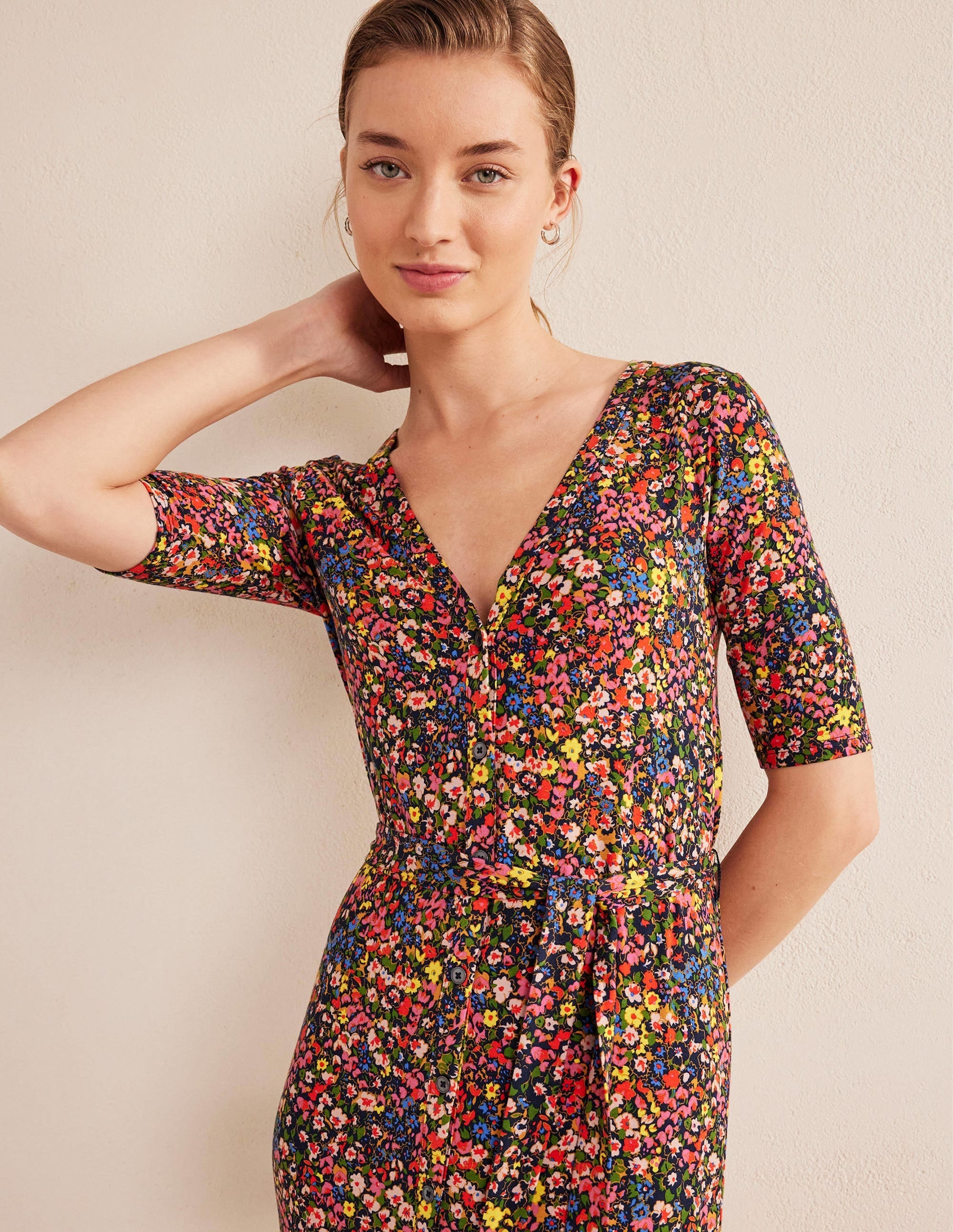 Button Front Jersey Midi Dress-Multi, Gardenia Petal - Image 2