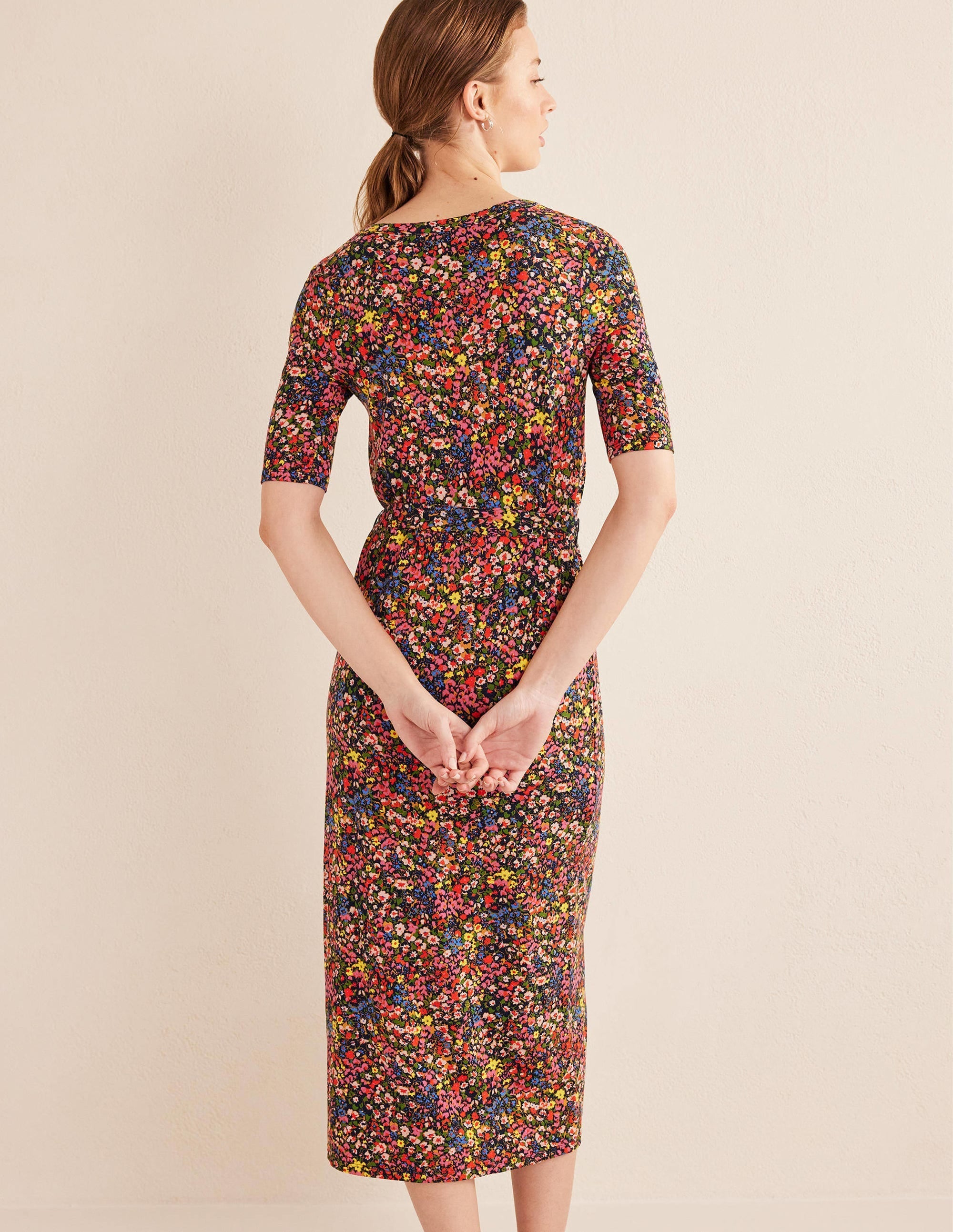 Button Front Jersey Midi Dress-Multi, Gardenia Petal - Image 3