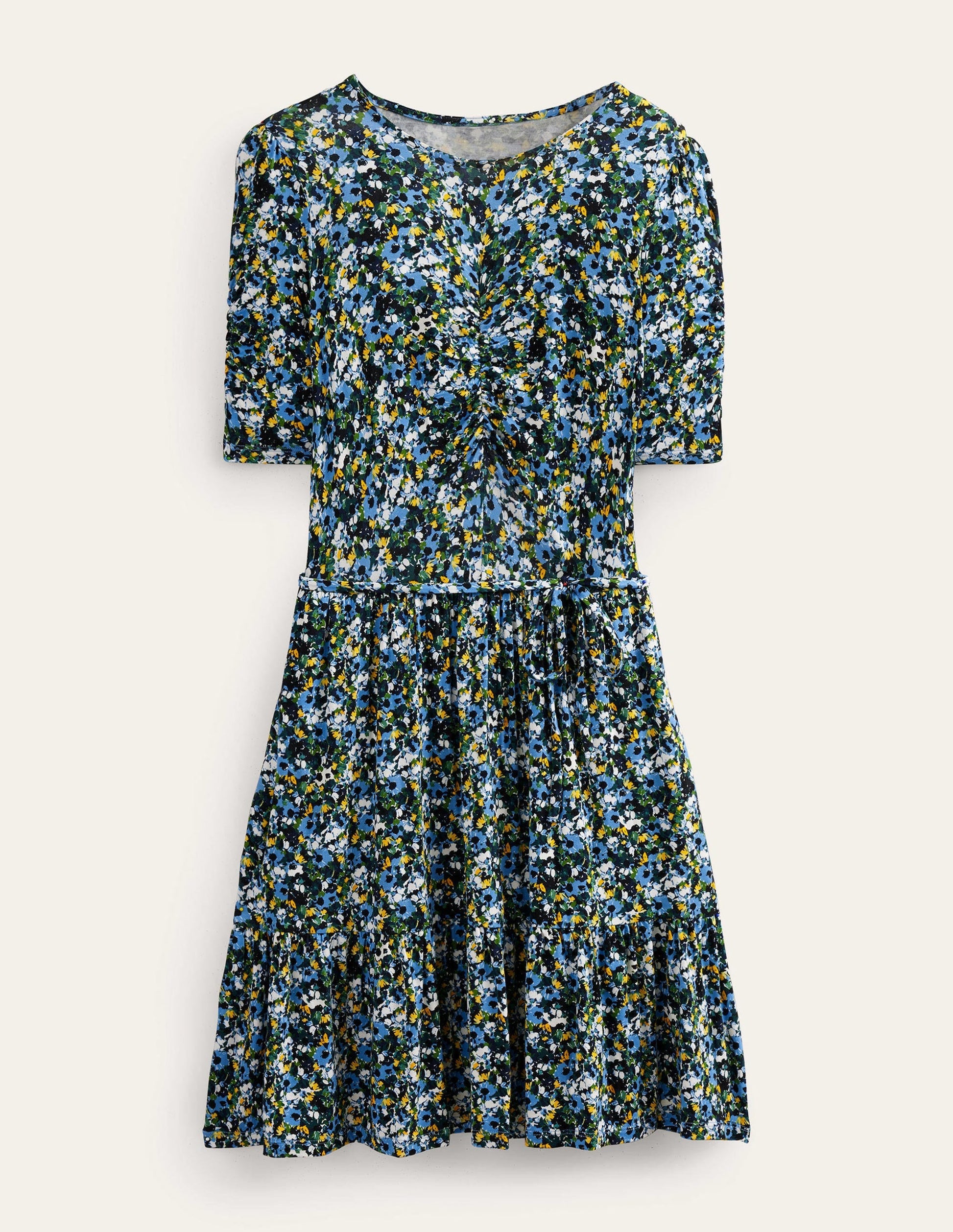Ruched Bust Jersey Mini Dress-Linseed, Painterly Floret-5