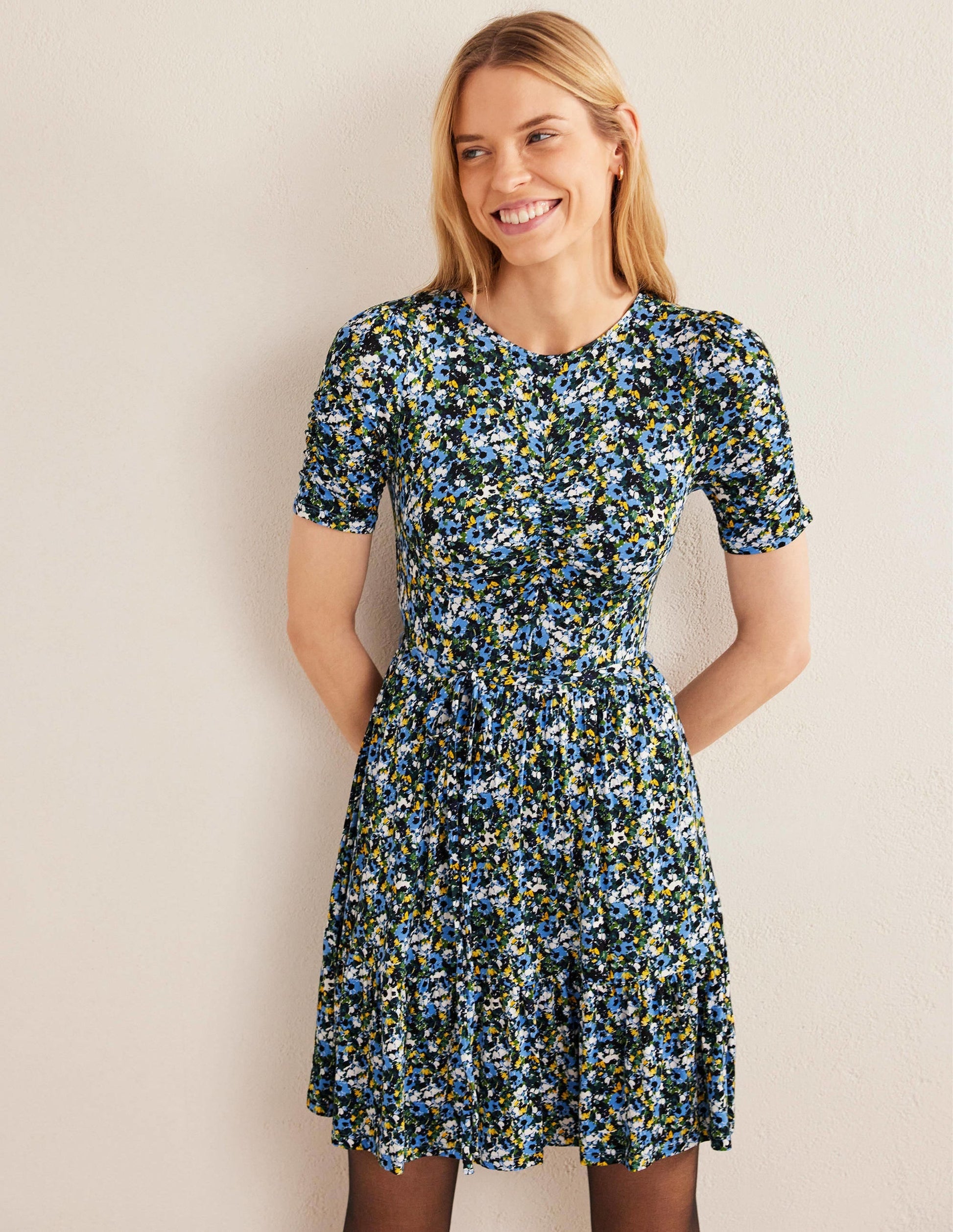 Ruched Bust Jersey Mini Dress-Linseed, Painterly Floret-1