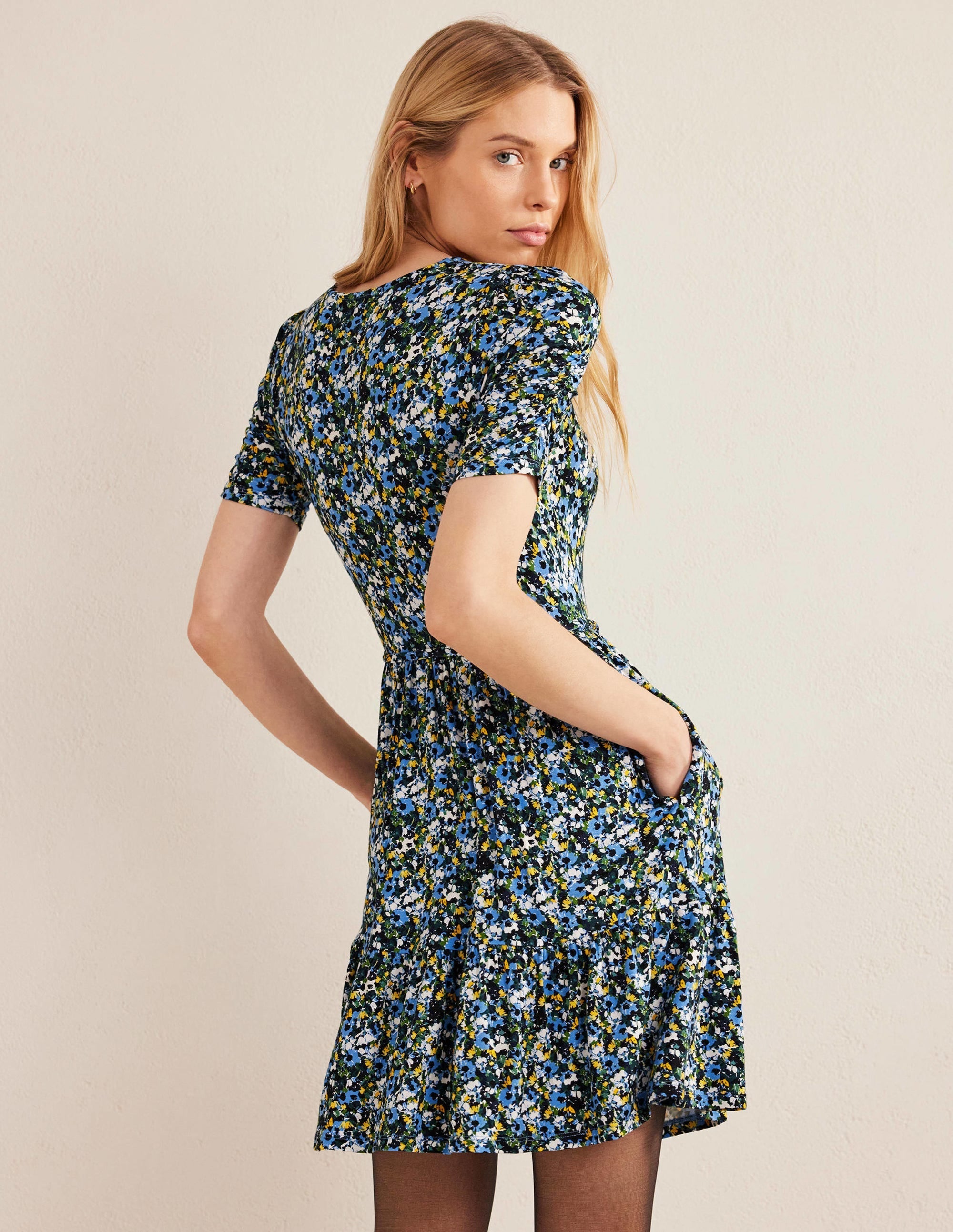 Ruched Bust Jersey Mini Dress-Linseed, Painterly Floret - Image 3