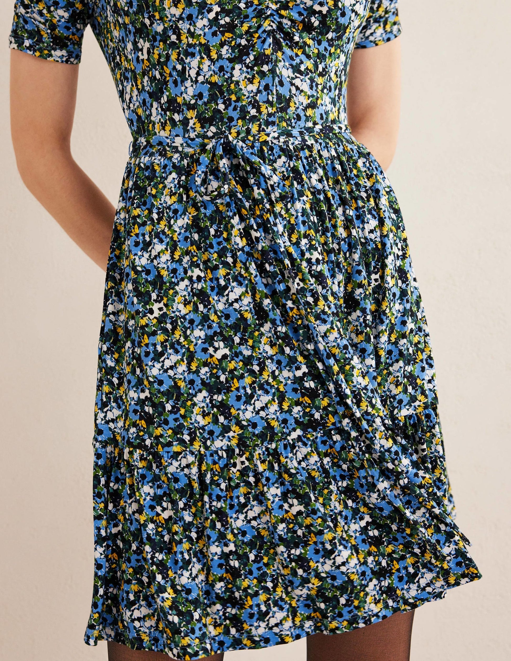 Ruched Bust Jersey Mini Dress-Linseed, Painterly Floret-4