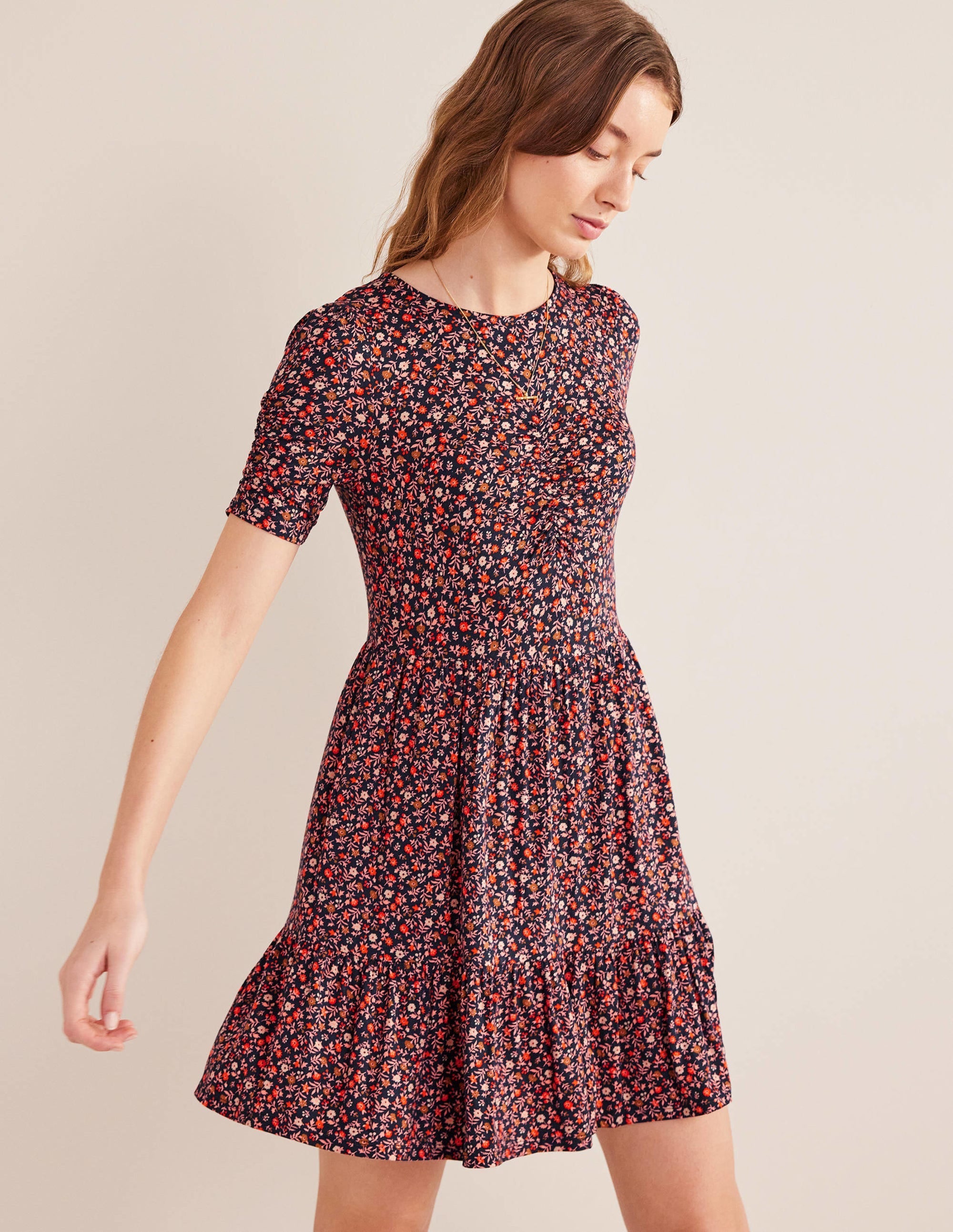 Ruched Bust Jersey Mini Dress-Pink Sherbet, Petal Foliage - Image 1