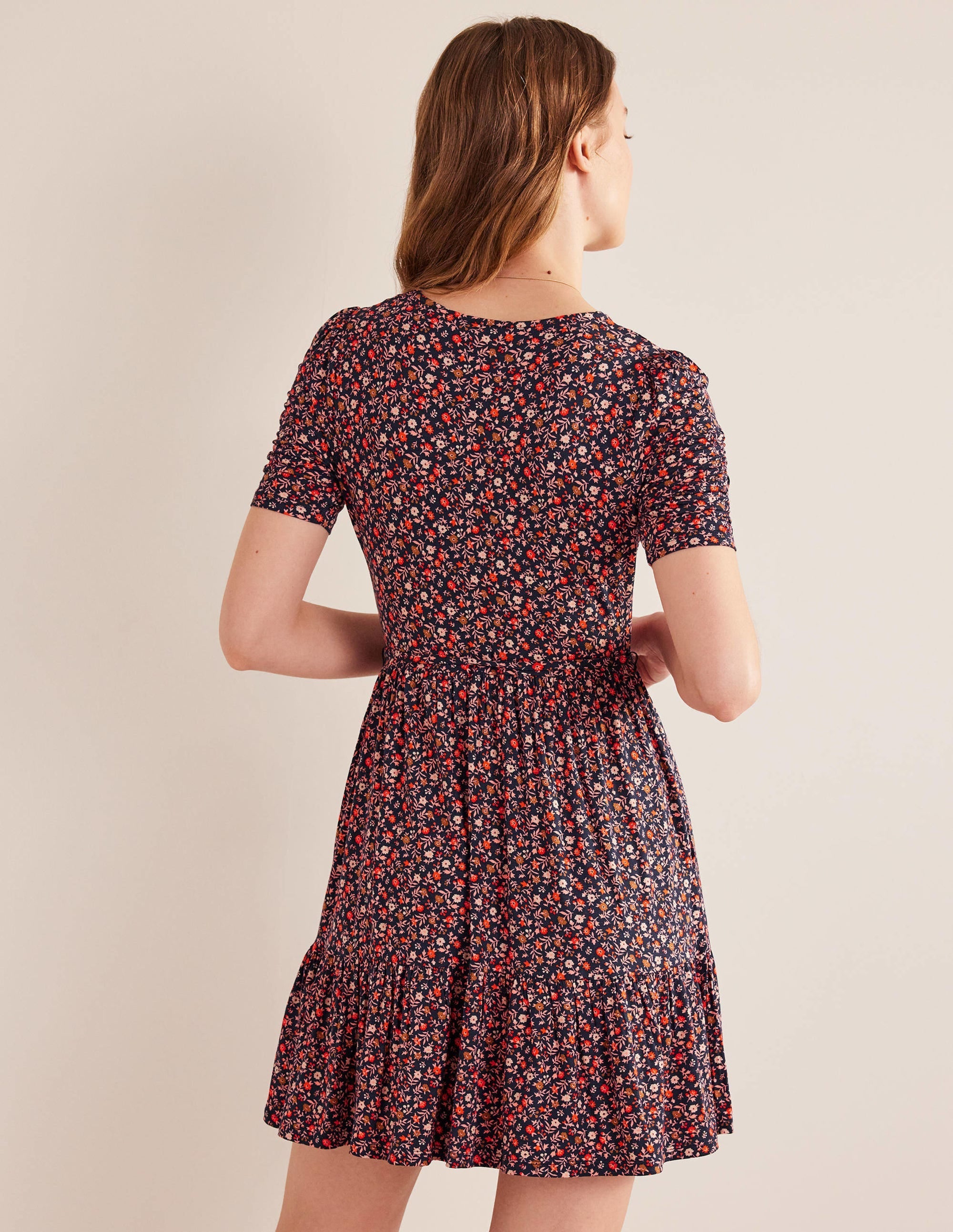 Ruched Bust Jersey Mini Dress-Pink Sherbet, Petal Foliage - Image 3