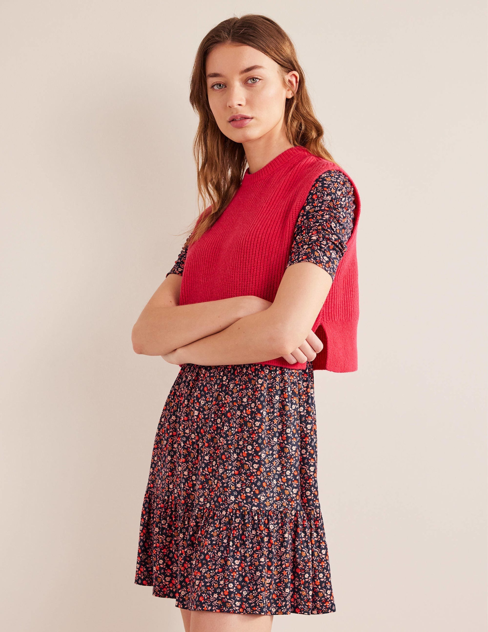 Ruched Bust Jersey Mini Dress-Pink Sherbet, Petal Foliage - Image 4