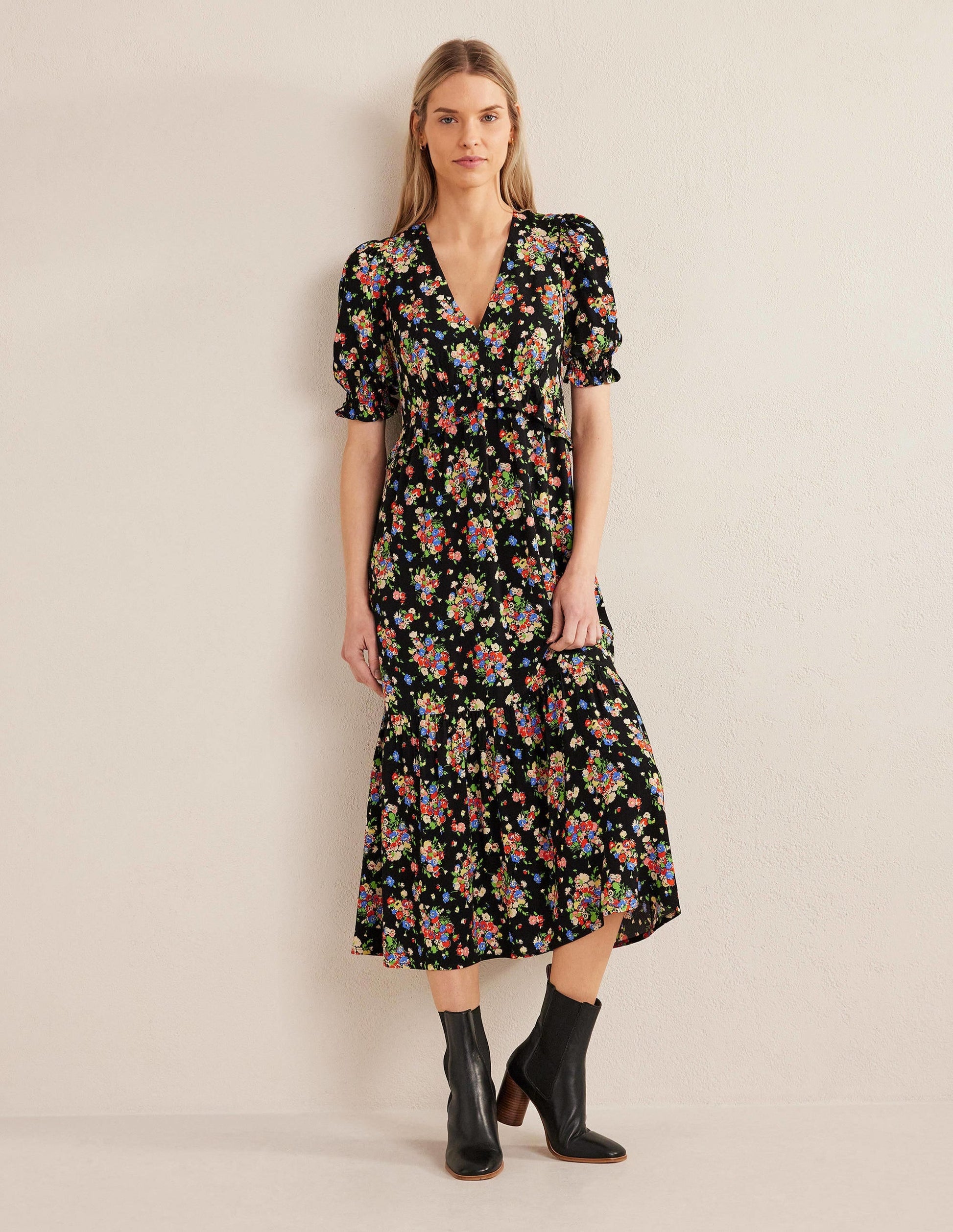 Ruffle Detail Midi Tea Dress-Black, Wild Cluster-1